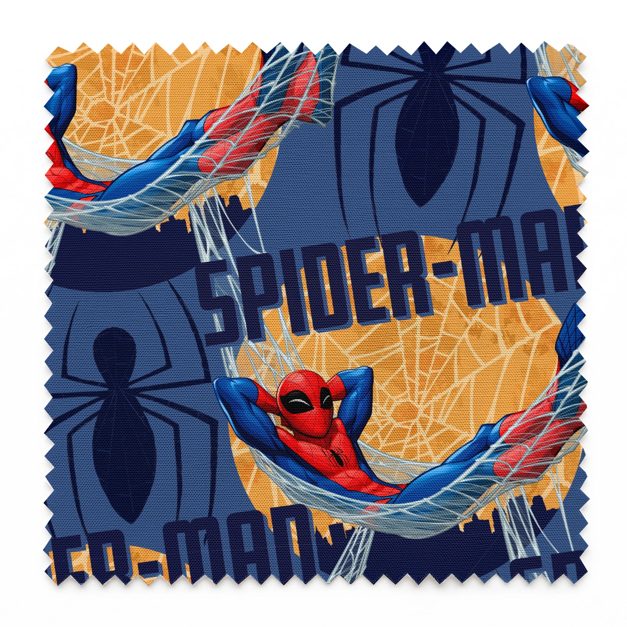 Spider-Man pattern with cartoon superhero in red and blue swinging on webbing against navy and gold background springs swatch pinked