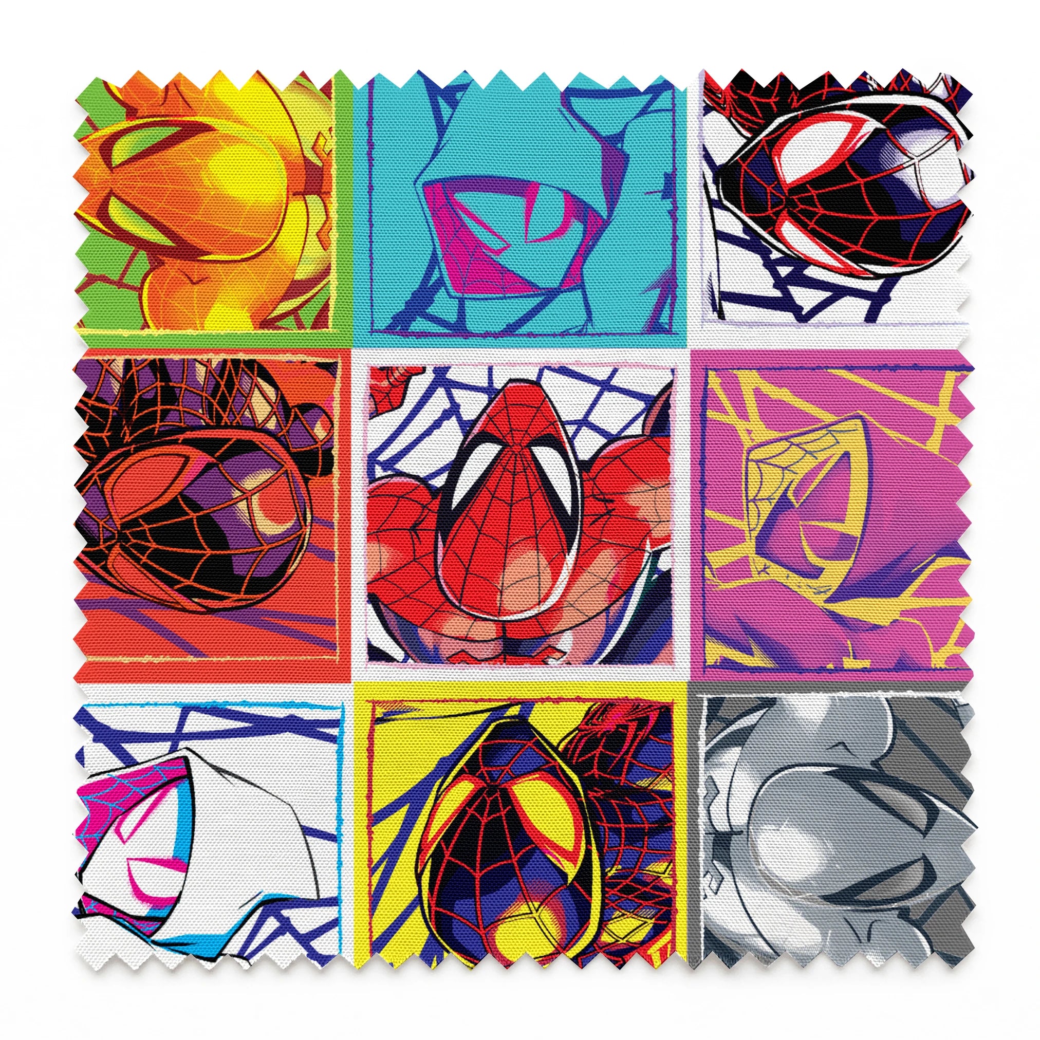 Colorful pop art grid of nine Spiderman designs in vibrant color schemes springs swatch pinked
