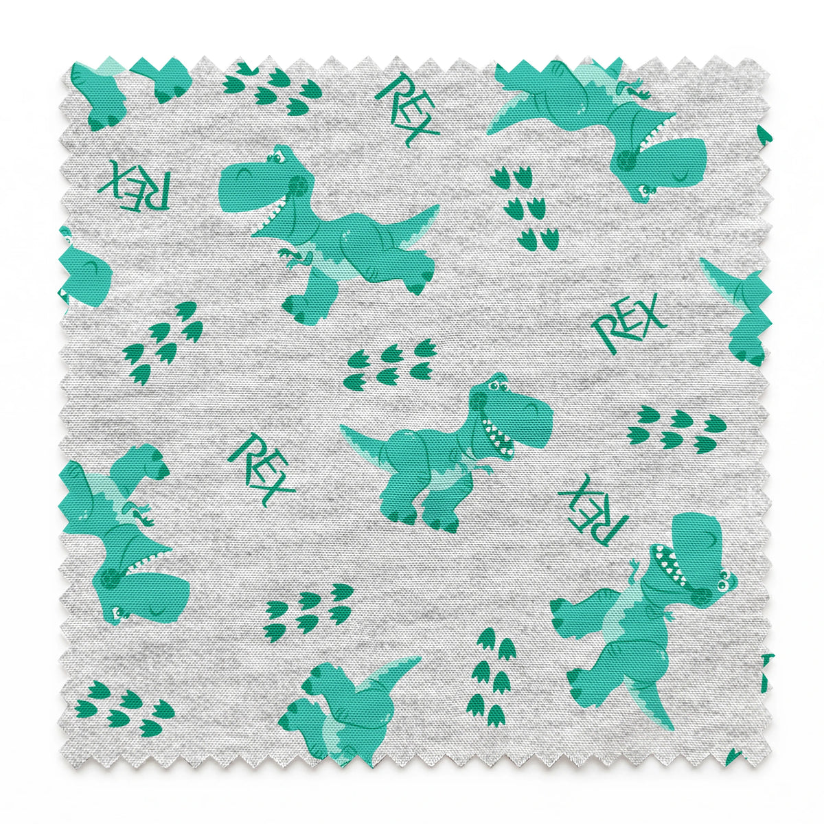 Playful Toy Story' Rex pattern on light gray heathered background springs swatch pinked