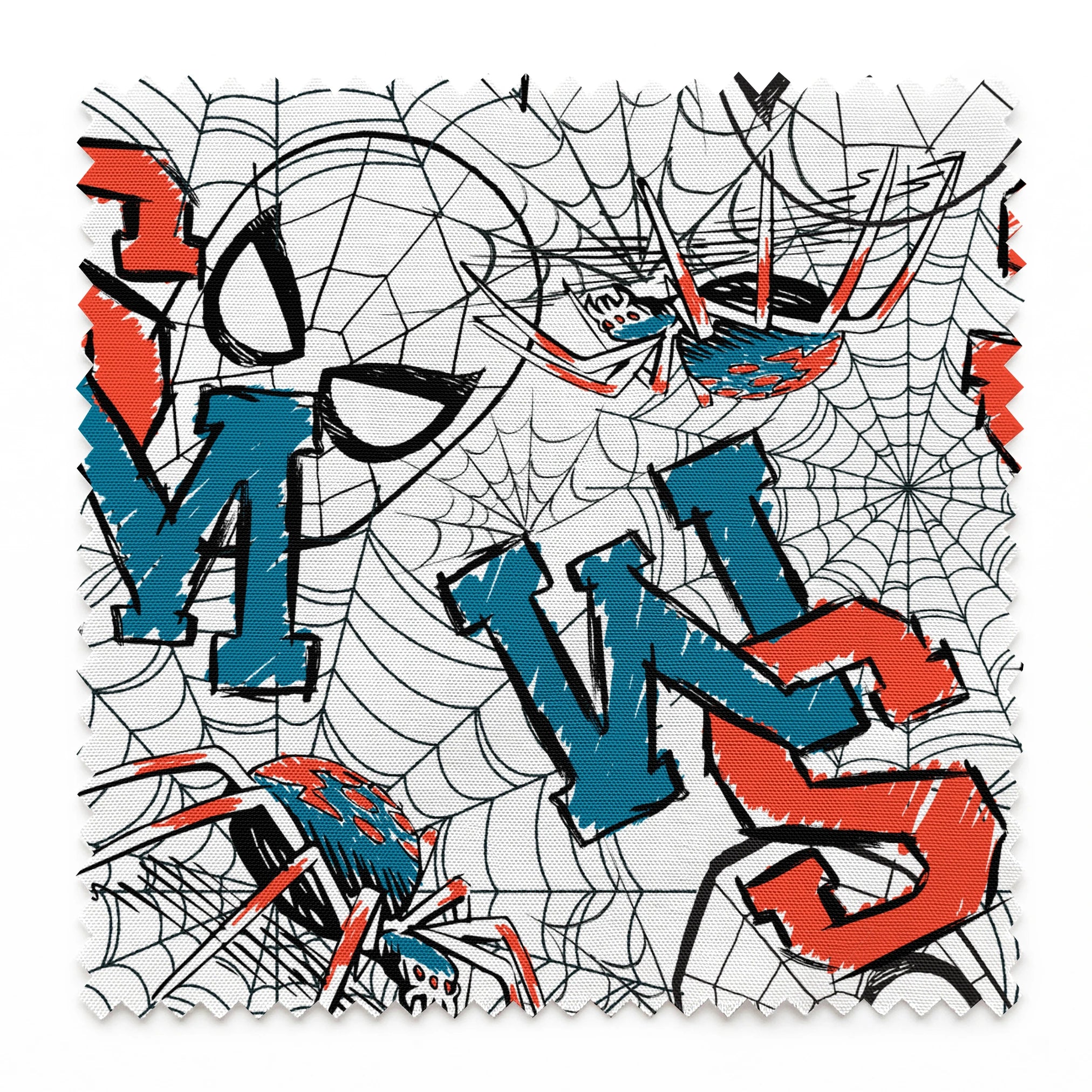 Abstract design with blue and red letters (S, M, K) overlaid with black spider web patterns on white background springs swatch pinked