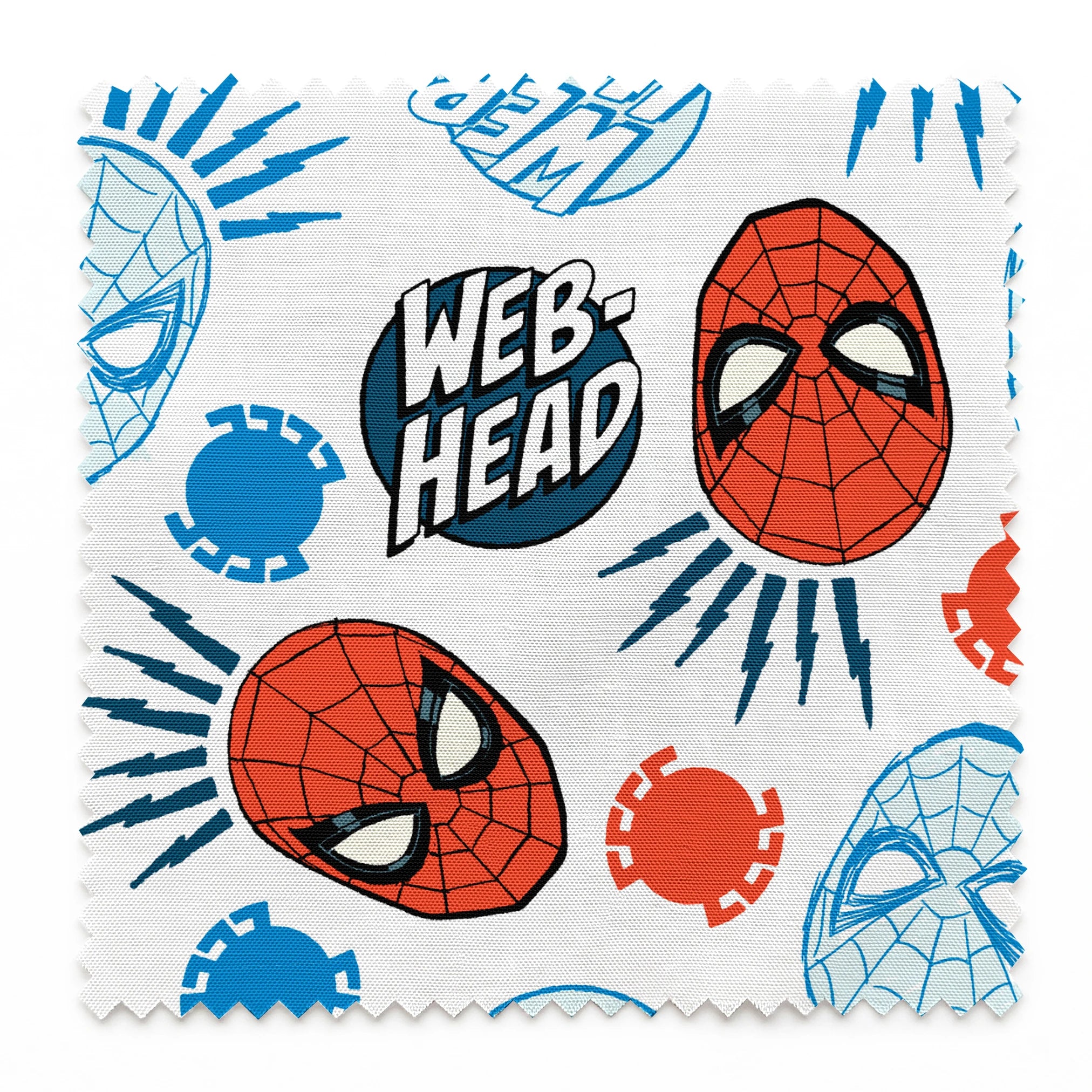 Spider-Man masks pattern with blue and red heads, "WEB HEAD" text, and radiating lines on white background. springs swatch pinked