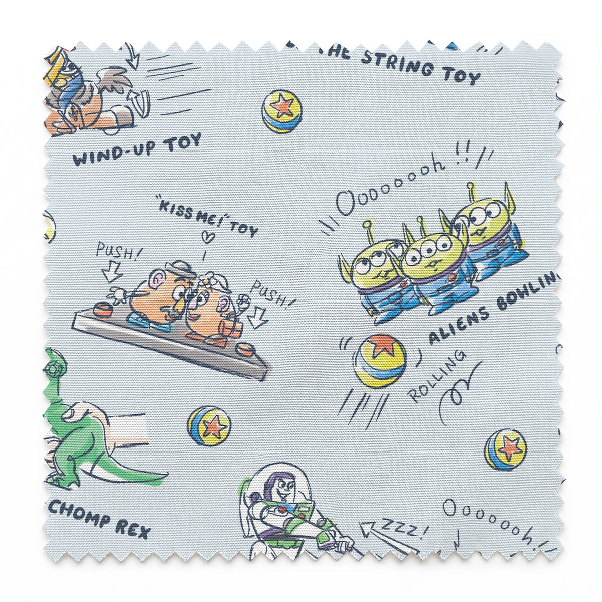 Illustrated Toy Story character designs showing wind-up, pull string, and action toys on light blue background springs swatch pinked