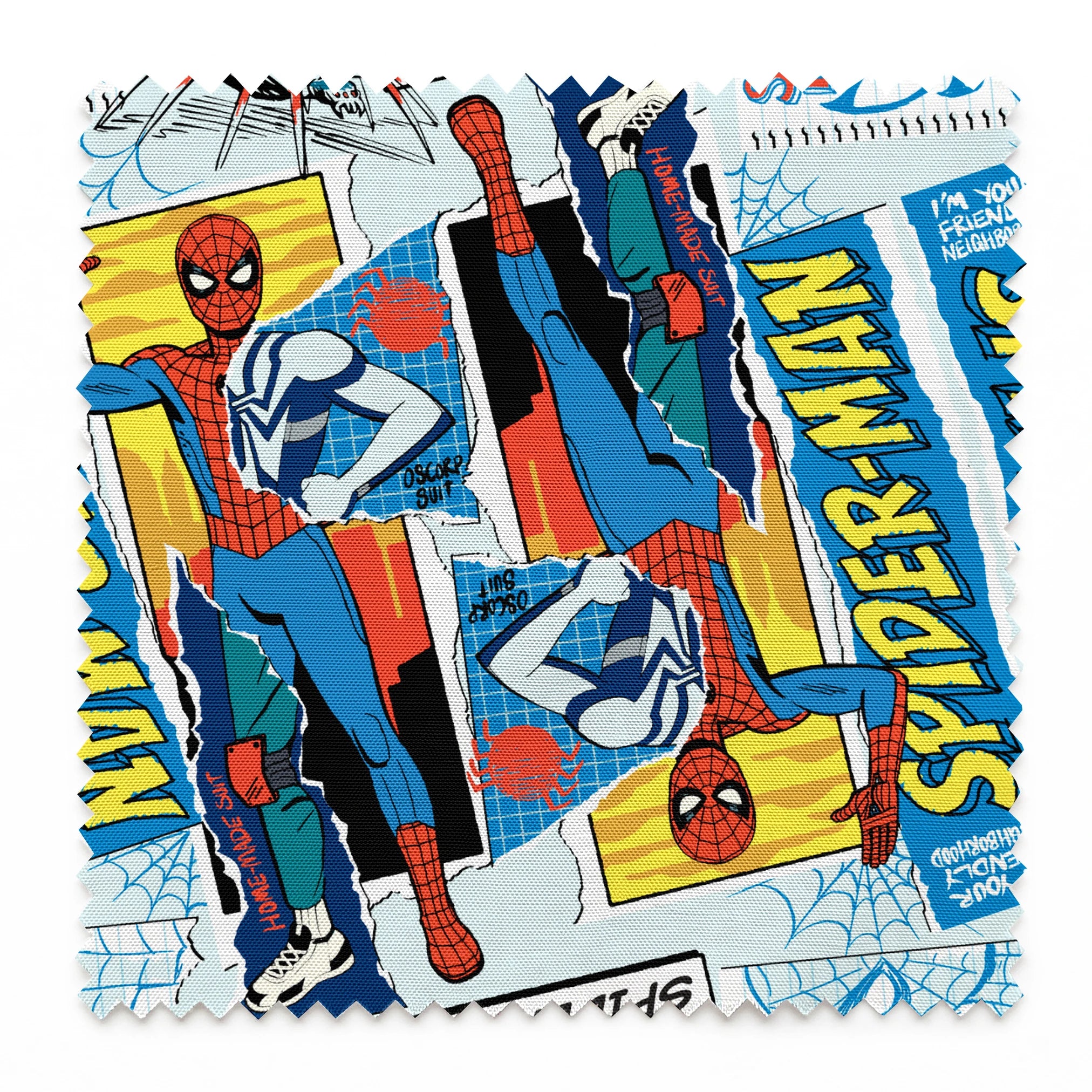 Spider-Man comic book style pattern with red and blue superheroes in action poses against web-themed background springs swatch pinked