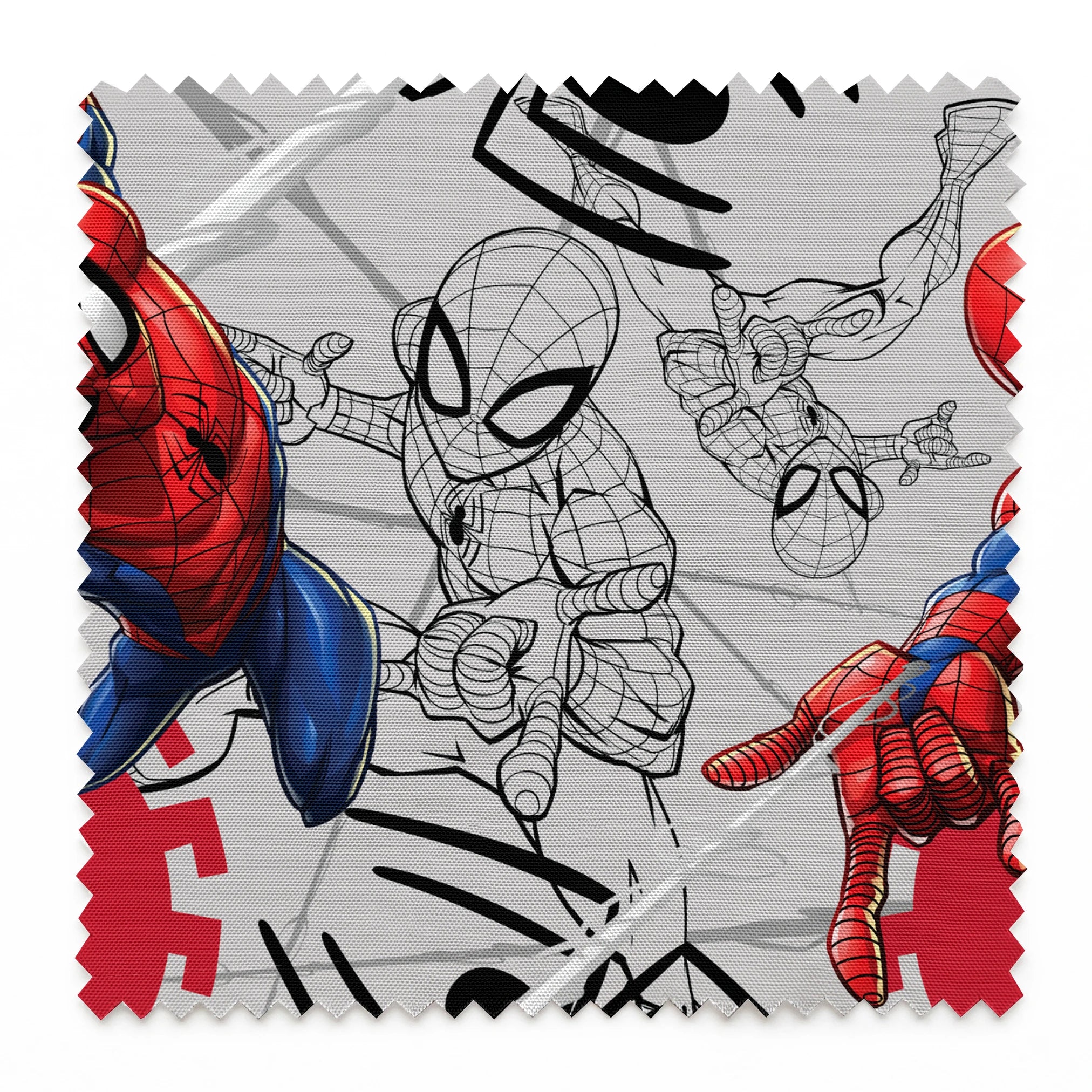 Spider-Man in various poses, including colored and line art illustrations on a red and gray background springs swatch pinked