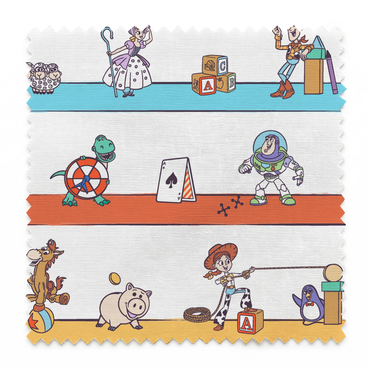 Cartoon illustration of three rows showing different Toy Story characters in action - Woody, Buzzlightyear, Jessie, & more! springs swatch pinked