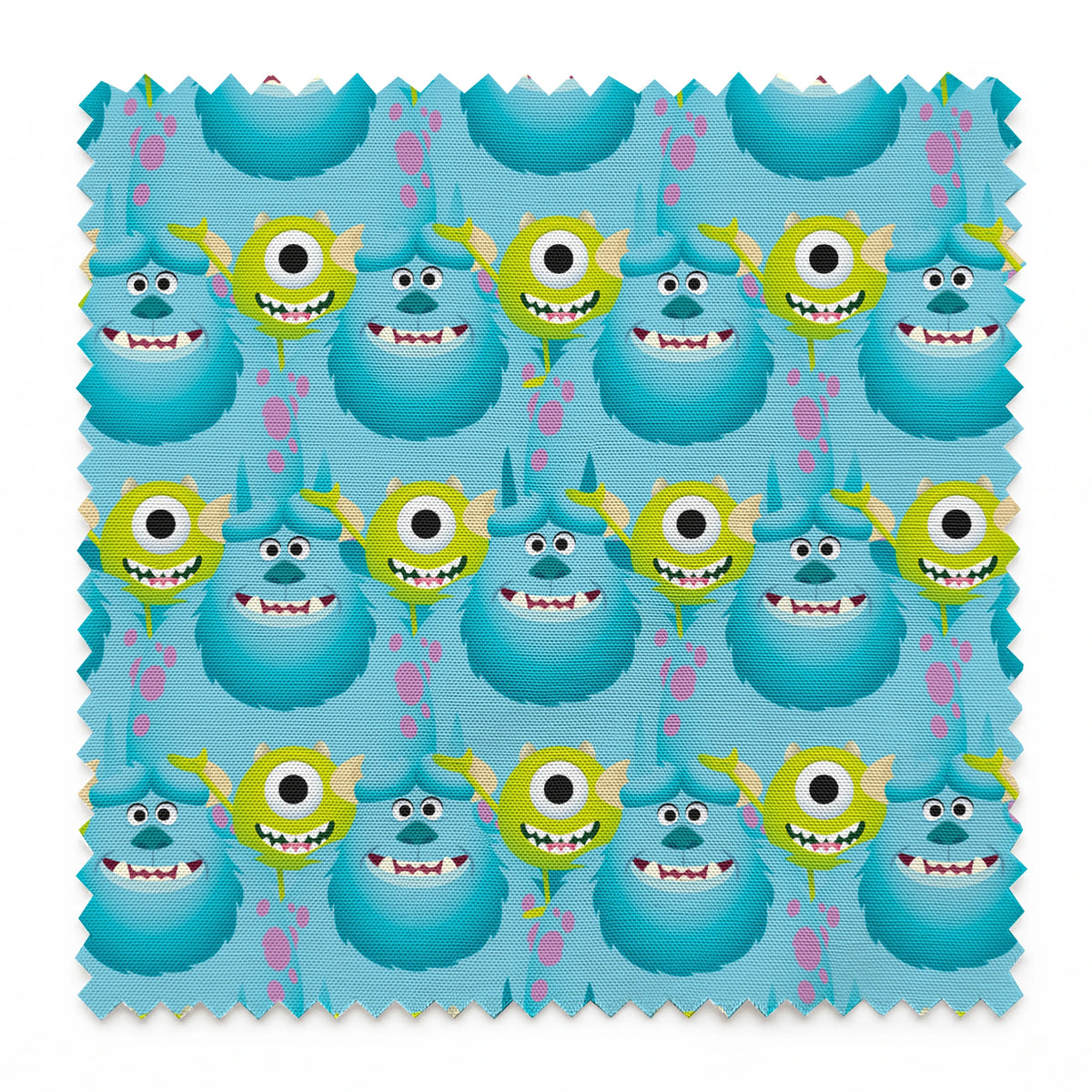 Repeating pattern of Monsters Inc characteres - Mike & Sulley on light blue background. springs swatch pinked