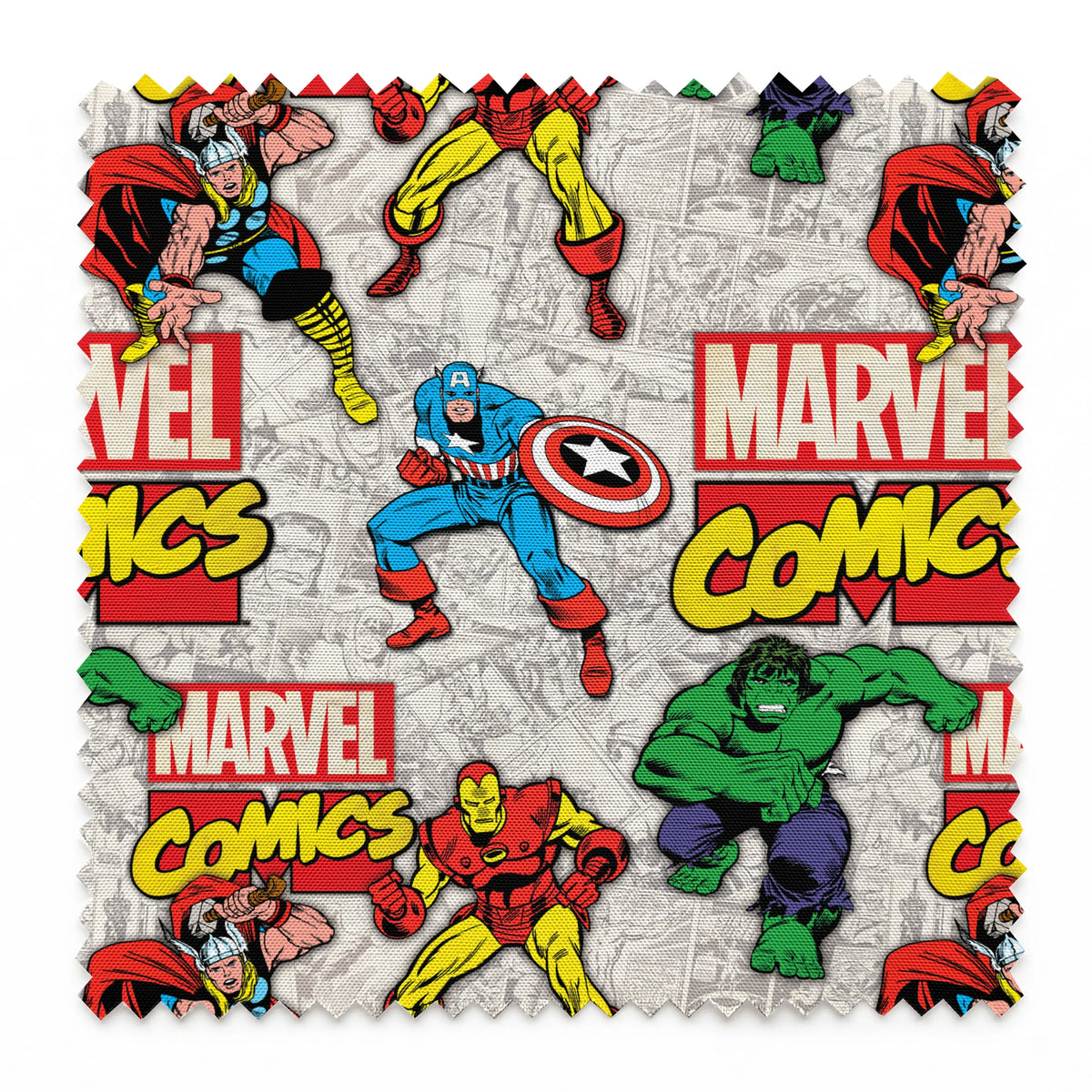 Marvel Comics collage pattern featuring iconic superheroes in action poses against comic book page background springs swatch pinked