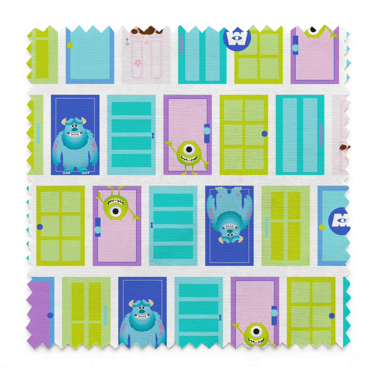 Colorful cartoon monster doors pattern inspired by Monsters Inc. with teal, purple, and green doors springs swatch pinked