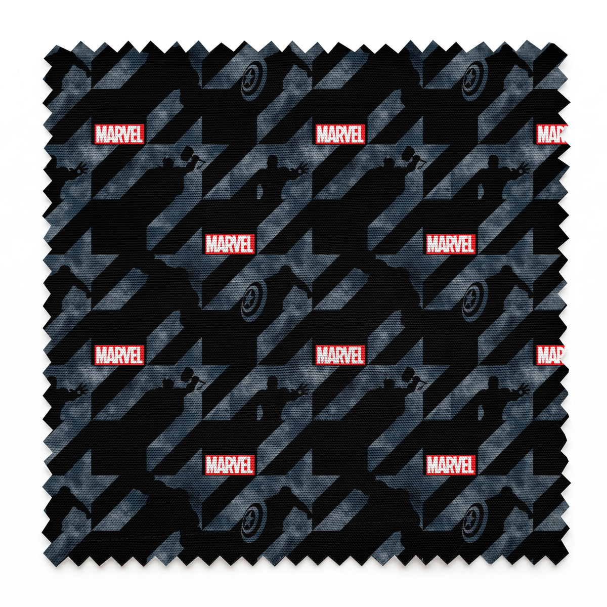 Marvel logo with silhouettes of superheroes against dark gray diagonal stripes background springs swatch pinked