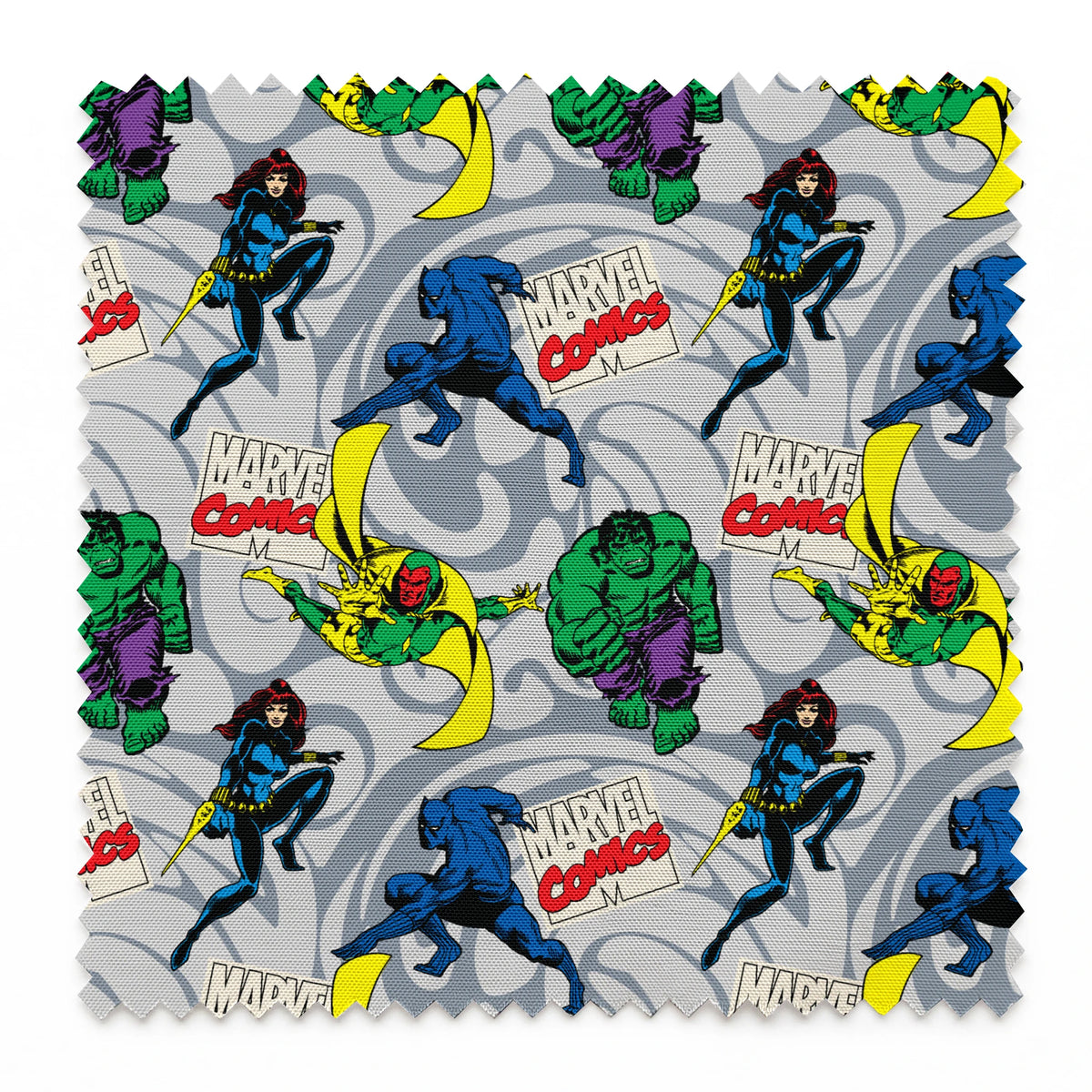 Marvel Comics characters including Hulk, Vision, and other superheroes on a gray background with Marvel Comics logos springs swatch pinked