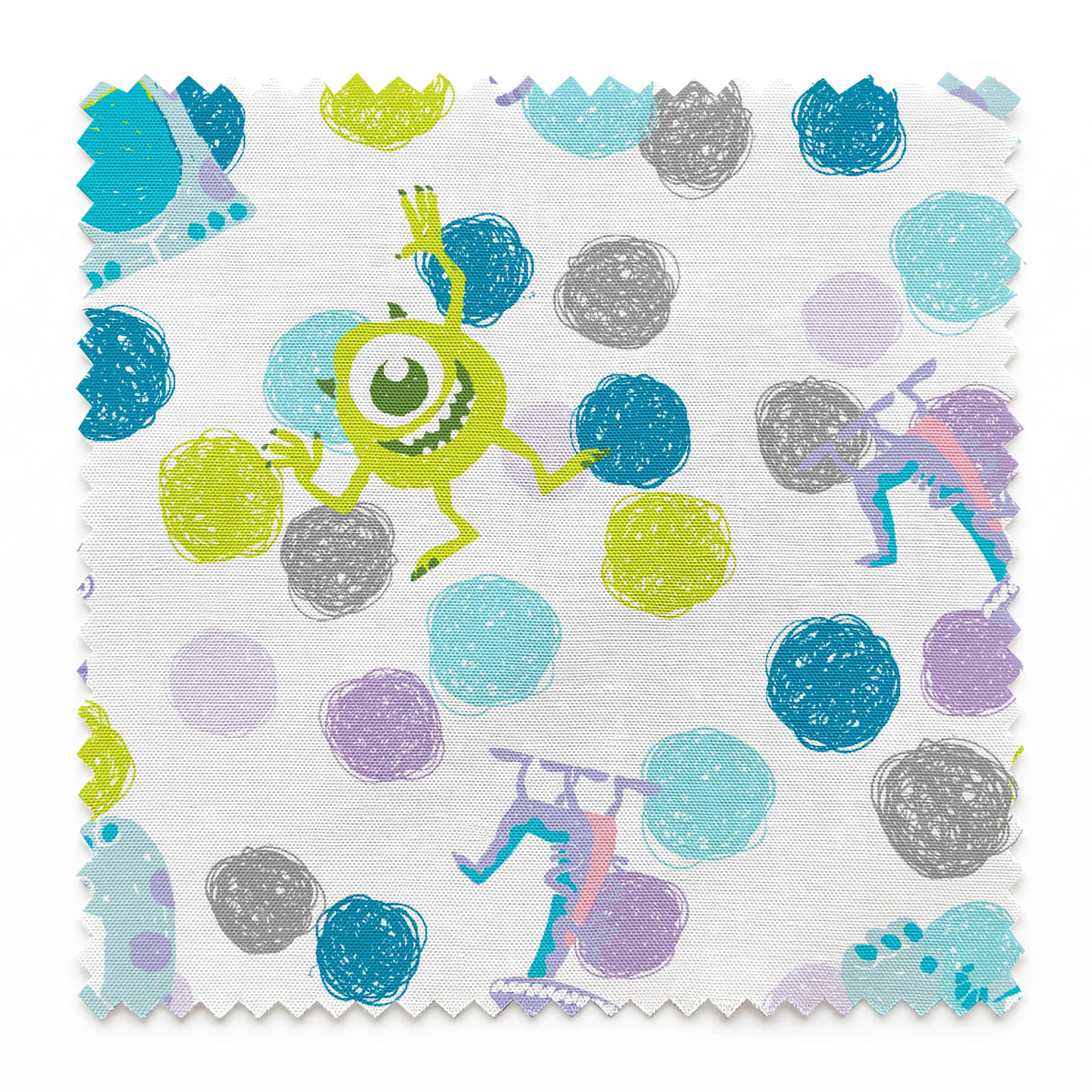 Colorful pattern featuring cartoon monsters with polka dots in blue, green, and purple on white background springs swatch pinked