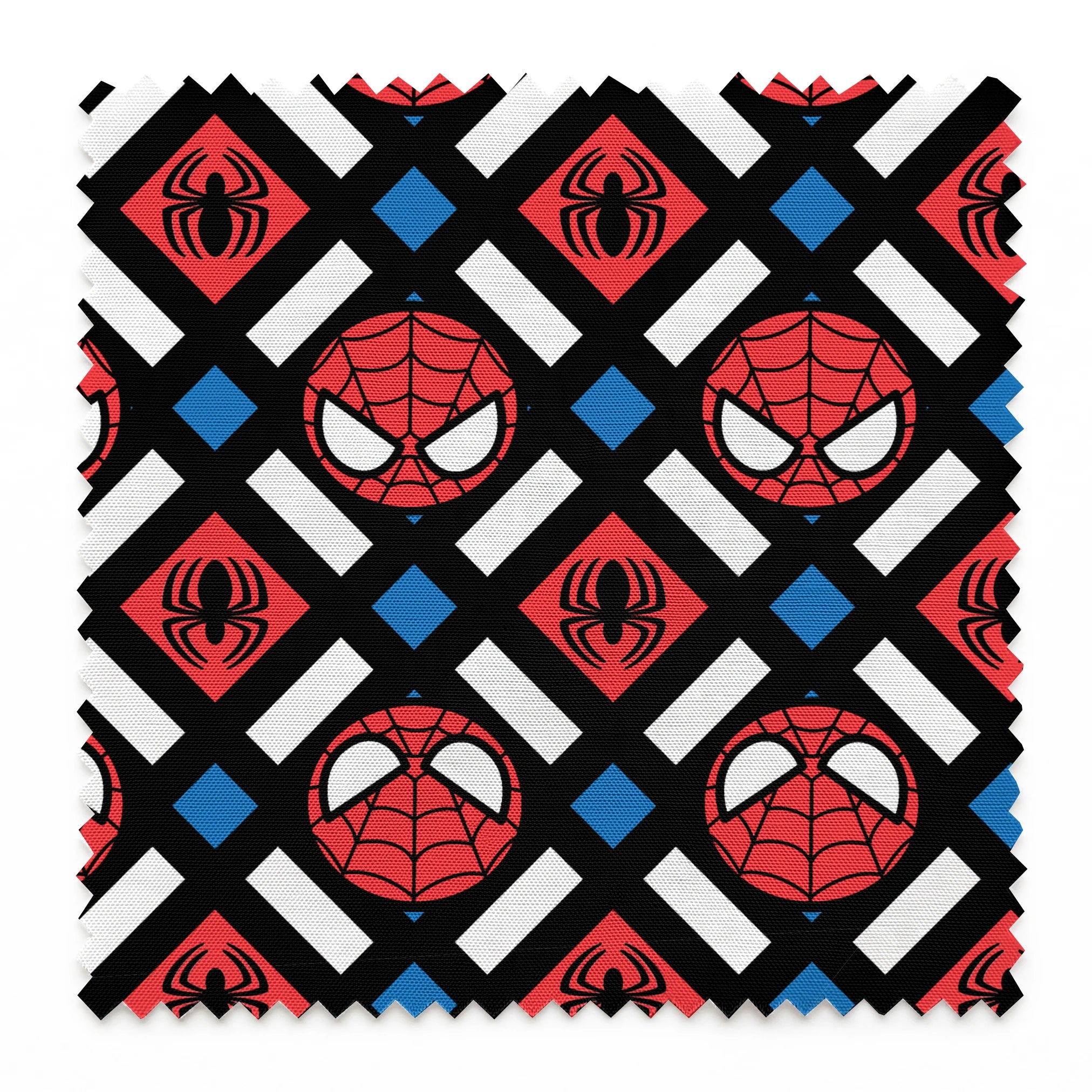 Spider-Man pattern with red masks, spider symbols, webs on black background with white X shapes and blue diamonds springs swatch pinked