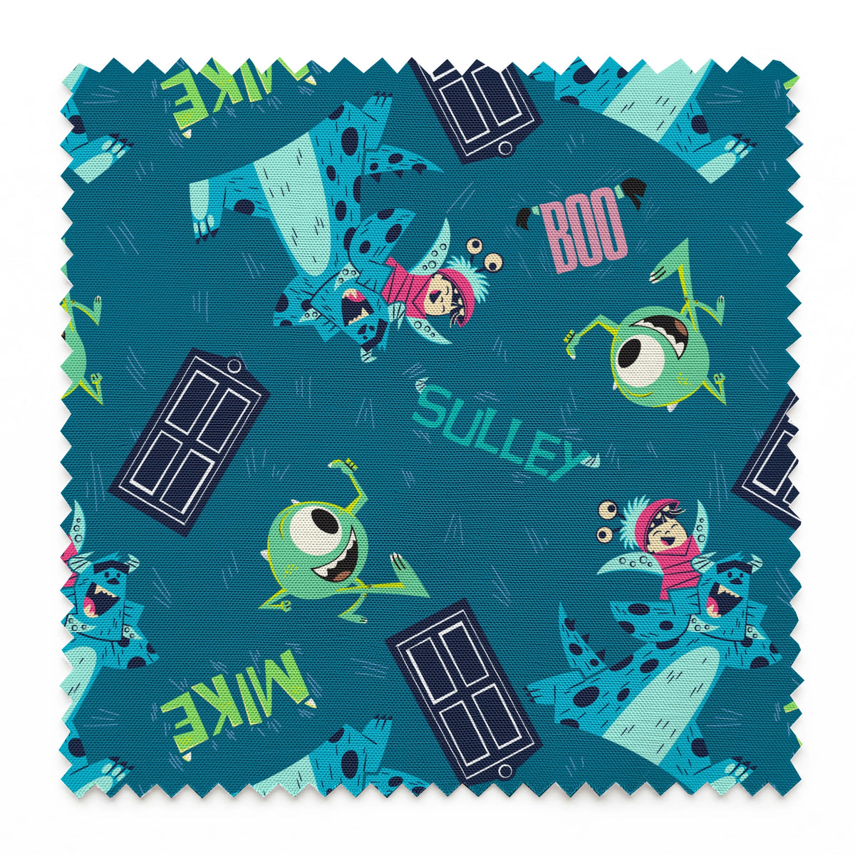 Monsters Inc pattern with Mike, Sulley, Boo characters, and doors on teal background springs swatch pinked