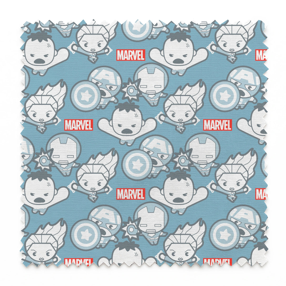 Marvel kawaii superhero pattern with cartoon characters, shields, and gear symbols on blue background springs swatch pinked