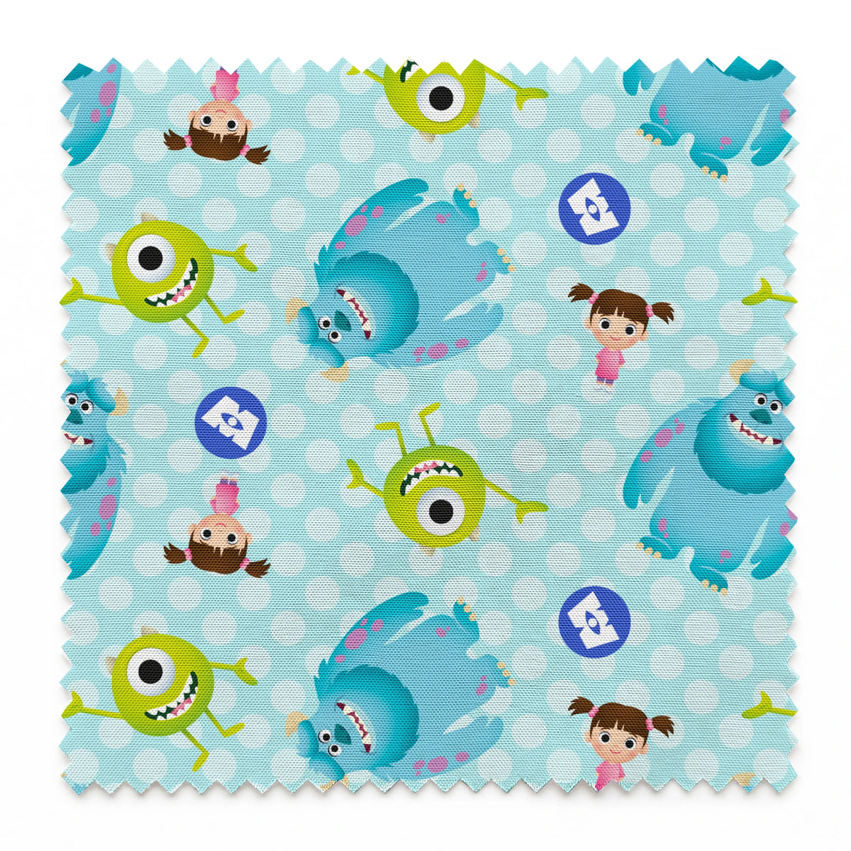 Cartoon Monsters Inc characters on light blue polka dot background springs swatch pinked