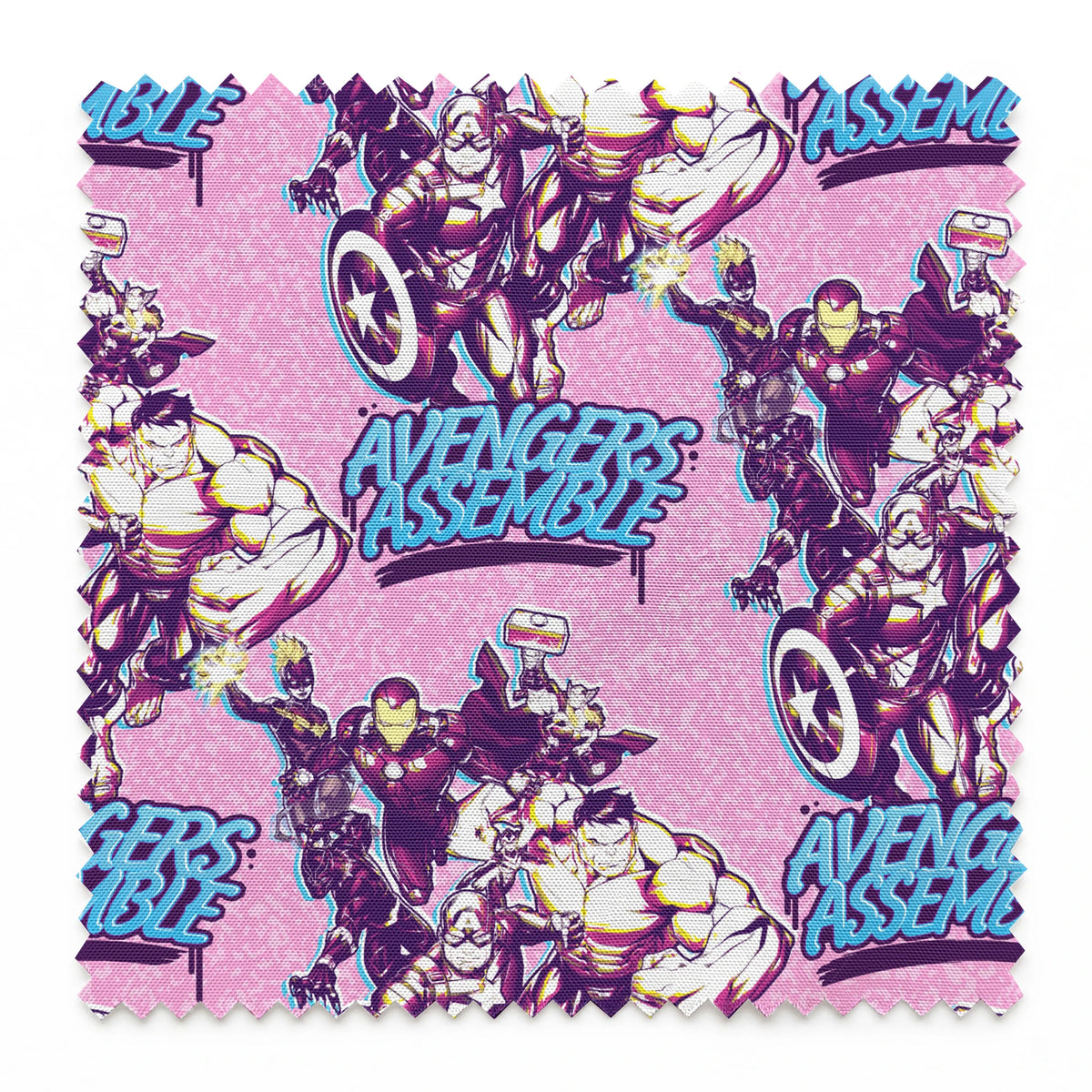 Avengers comic book characters pattern on purple background with "Avengers Assemble" text springs swatch pinked