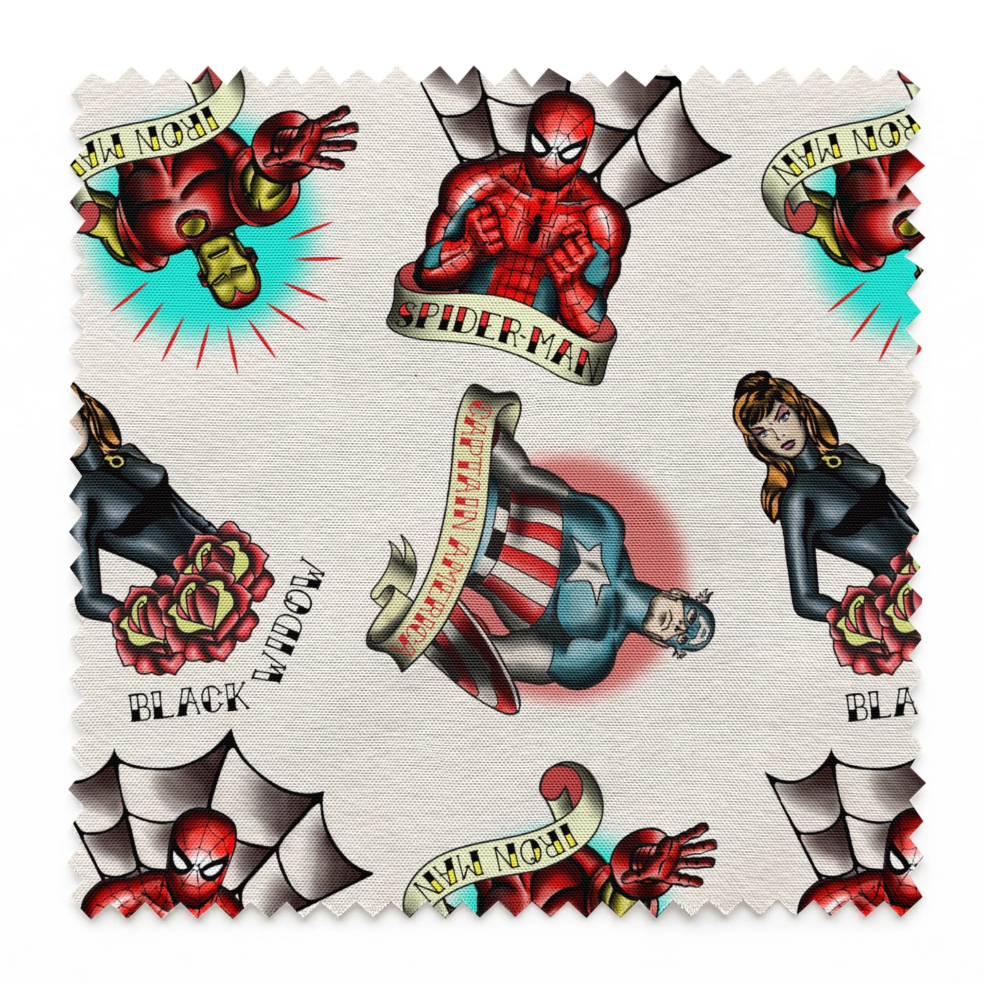 Traditional tattoo flash art designs featuring black panthers, hearts with daggers, spider webs, and colorful elements on cream background springs swatch pinked