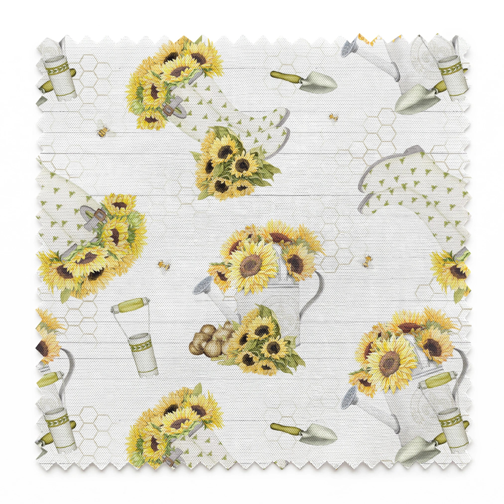 Sunflower-filled watering cans with bees, trowels, and garden tools on a white shiplap and honeycomb background. Designed by Nicole Tamarin. springs swatch pinked