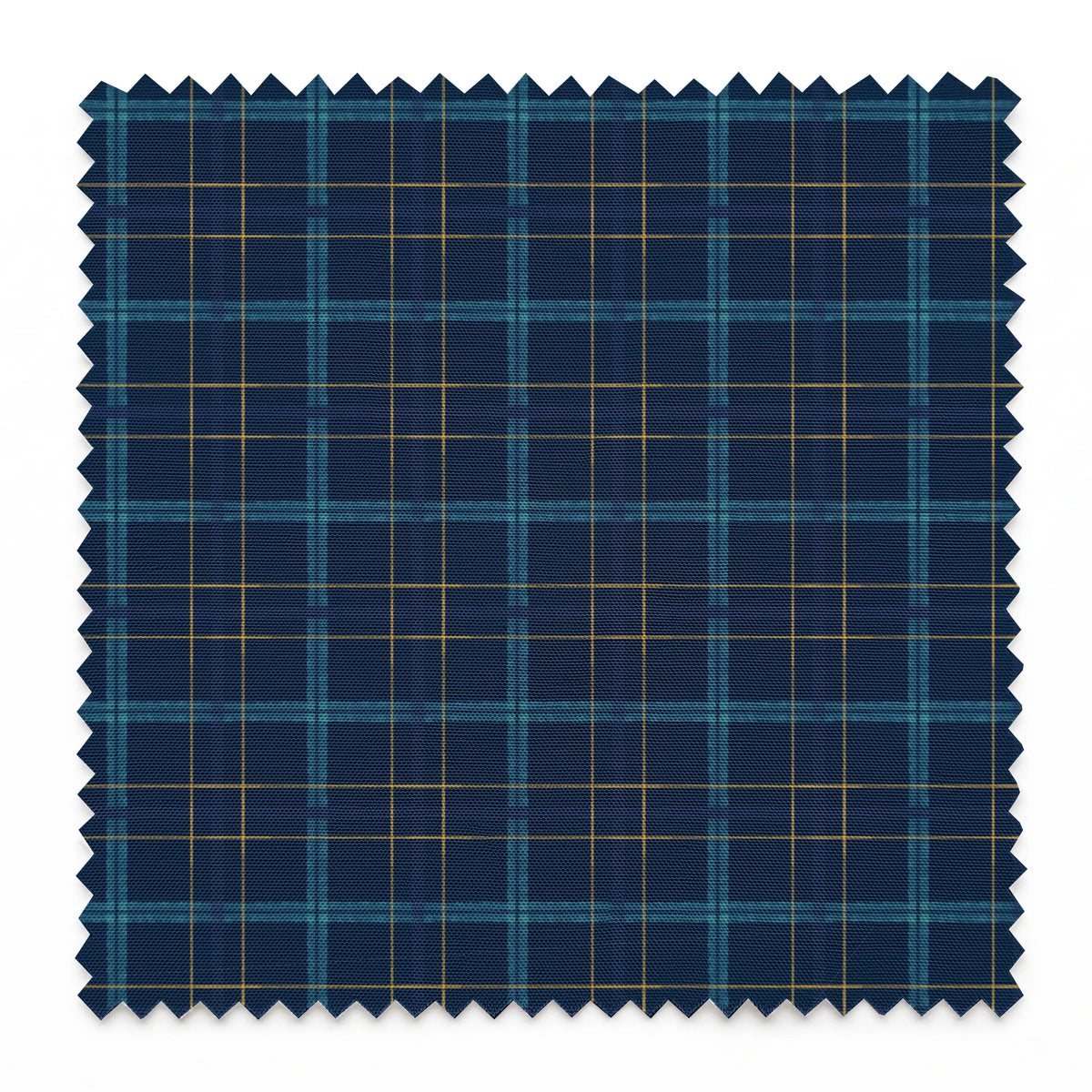 Painterly navy blue plaid with golden yellow and soft blue stripes by Nicole Tamarin, ideal for autumn sewing and decor. springs swatch pinked