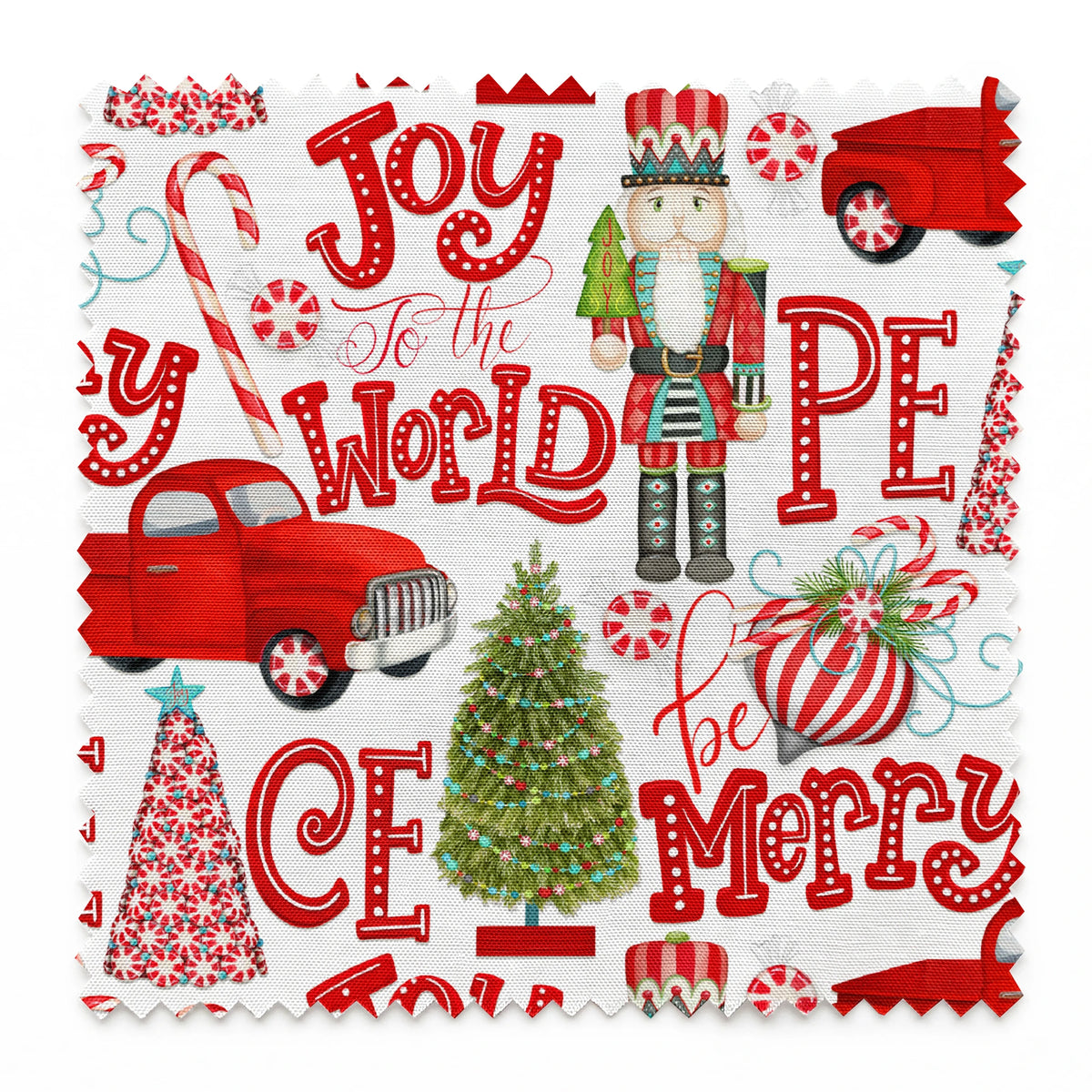 Holiday pattern featuring red trucks, nutcrackers, candy canes, Christmas trees, and festive lettering on a white background by Nicole Tamarin. springs swatch pinked
