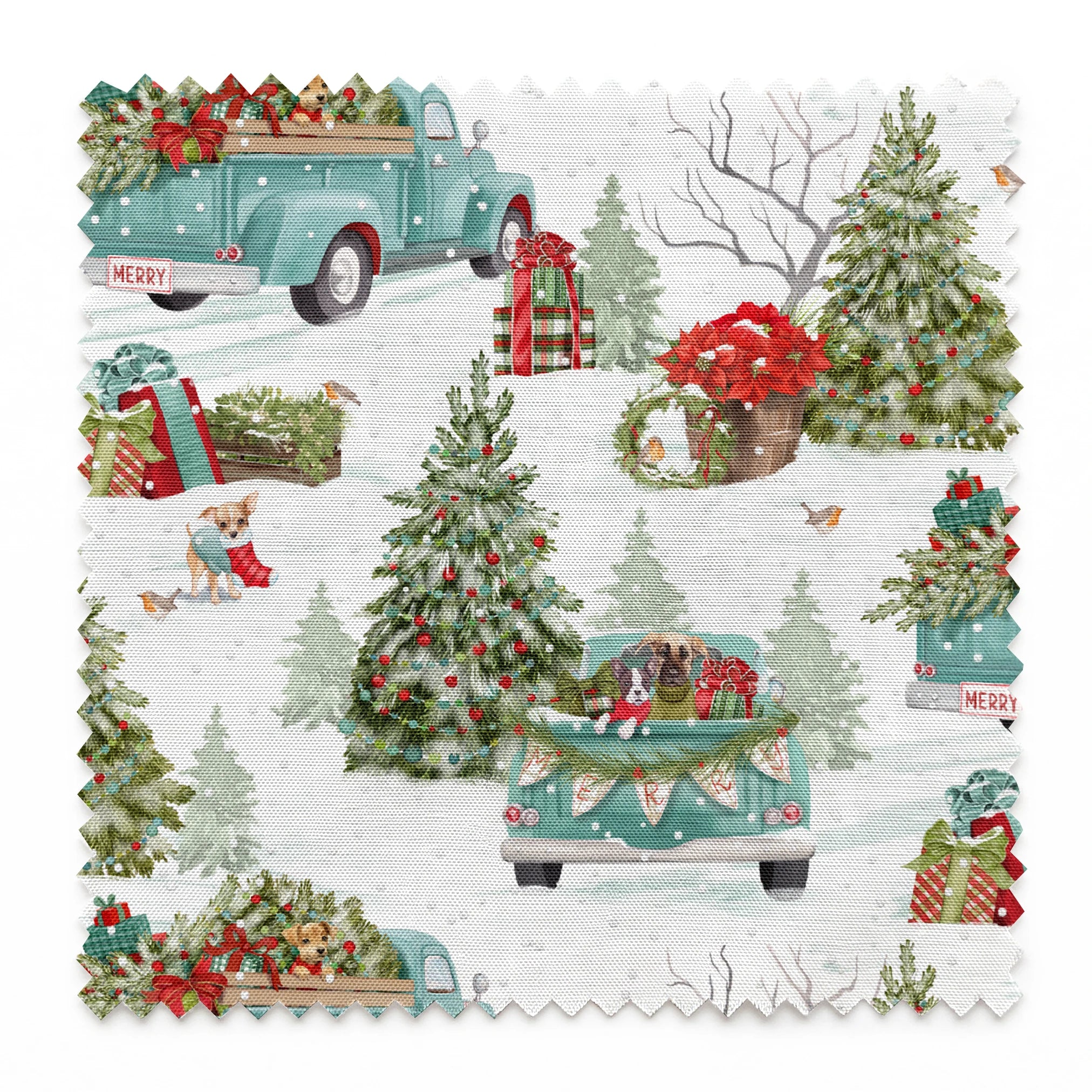 Vintage-style holiday fabric by Nicole Tamarin featuring teal trucks with Christmas trees, dogs, snow, and gifts in a festive winter landscape. springs swatch pinked