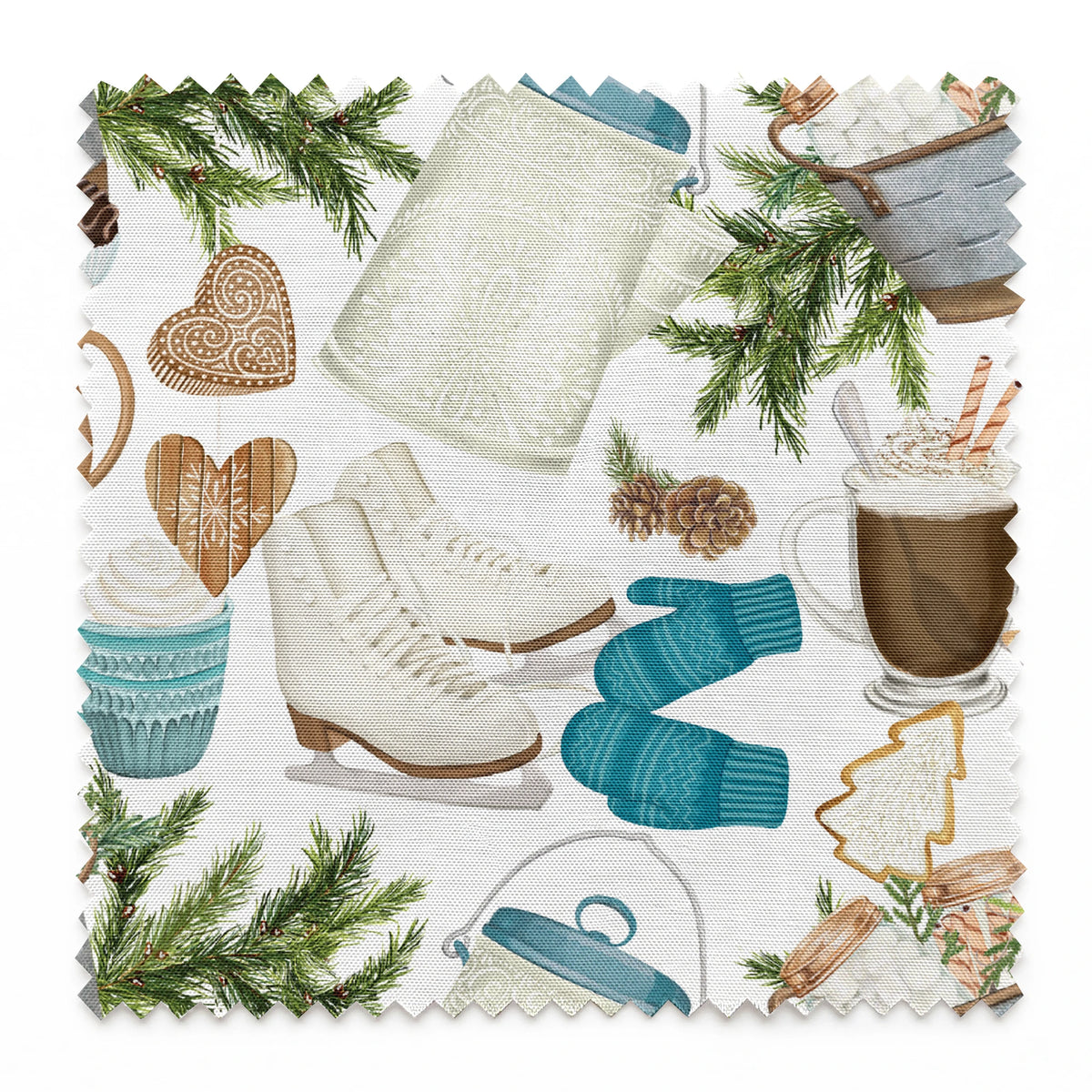 Winter-themed pattern featuring cocoa mugs, ice skates, mittens, pine branches, and holiday cookies in neutral and blue tones by Nicole Tamarin. springs swatch pinked
