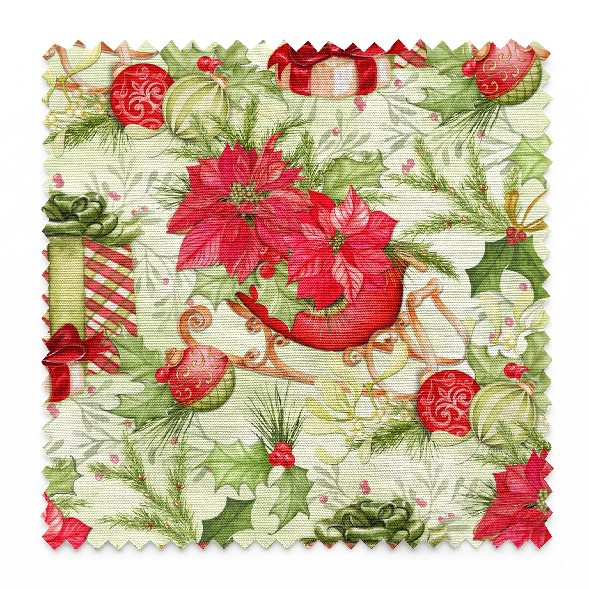 Christmas pattern with red poinsettias, vintage sleighs, wrapped gifts, holiday ornaments, and greenery in a festive toss by Nicole Tamarin. springs swatch pinked