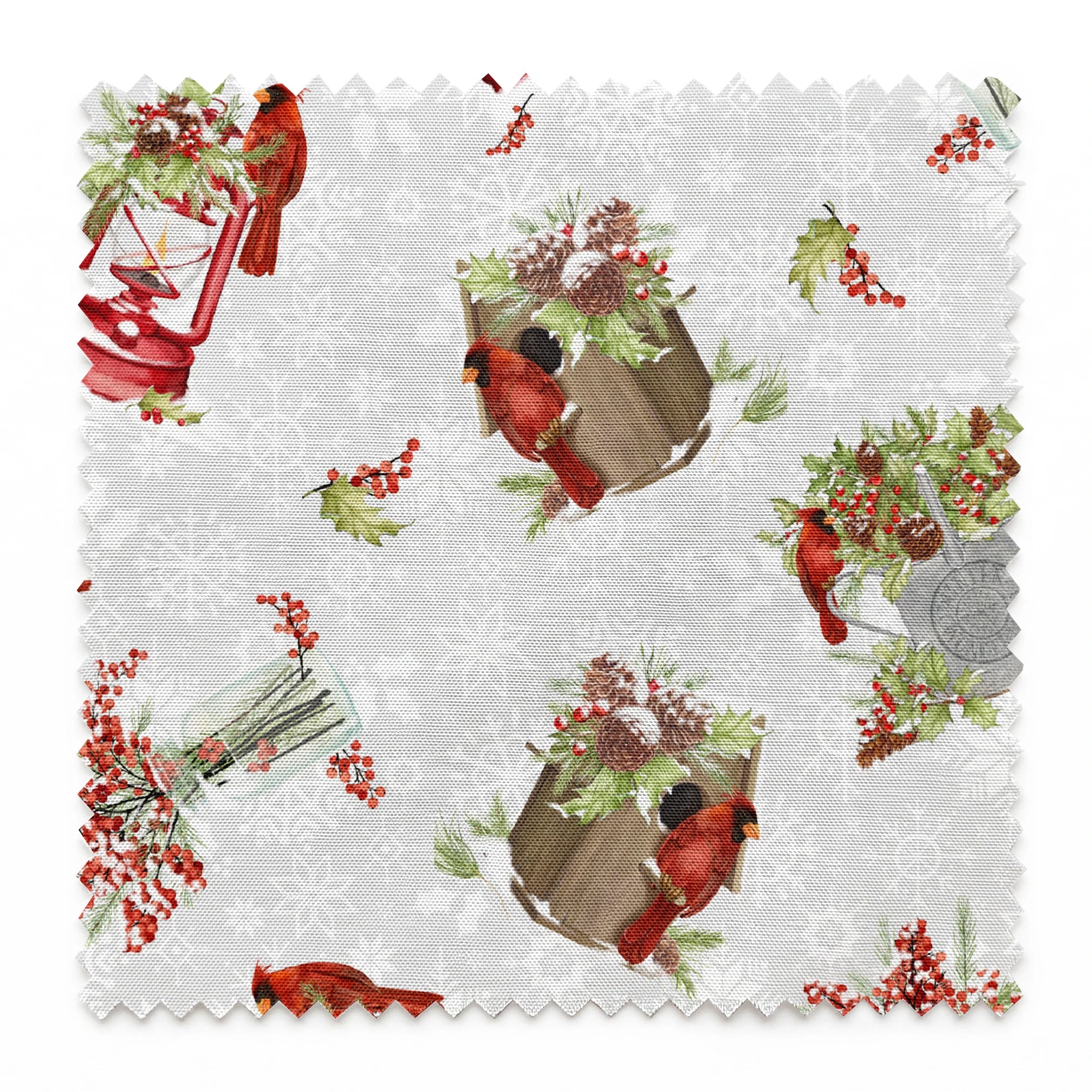 Red cardinals perched among holly berries, pine sprigs, lanterns, and rustic containers on a soft snowy background with snowflake details by Nicole Tamarin springs swatch pinked