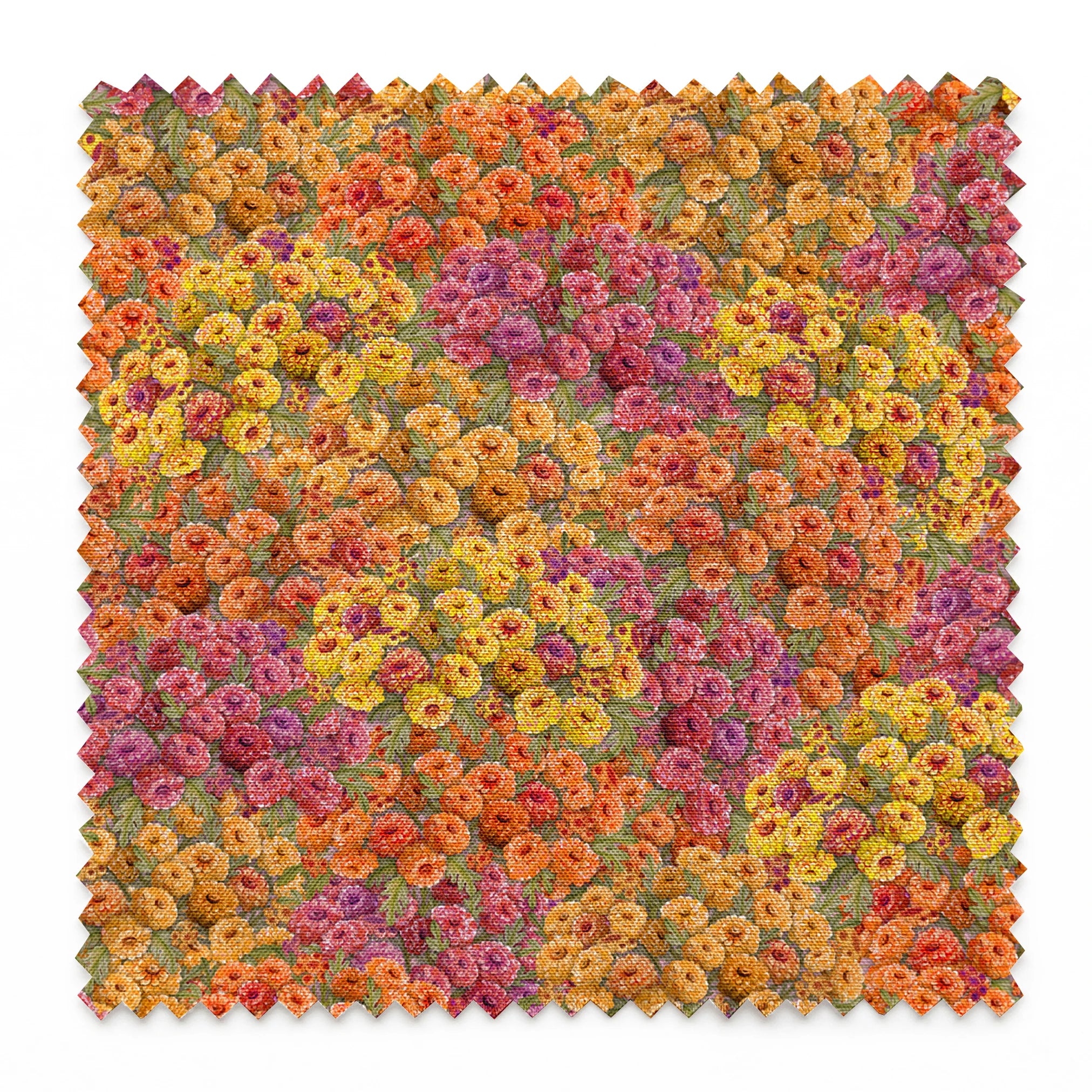 Dense floral fabric featuring orange, gold, pink, and plum zinnias in a packed all-over pattern by Nicole Tamarin. springs swatch pinked