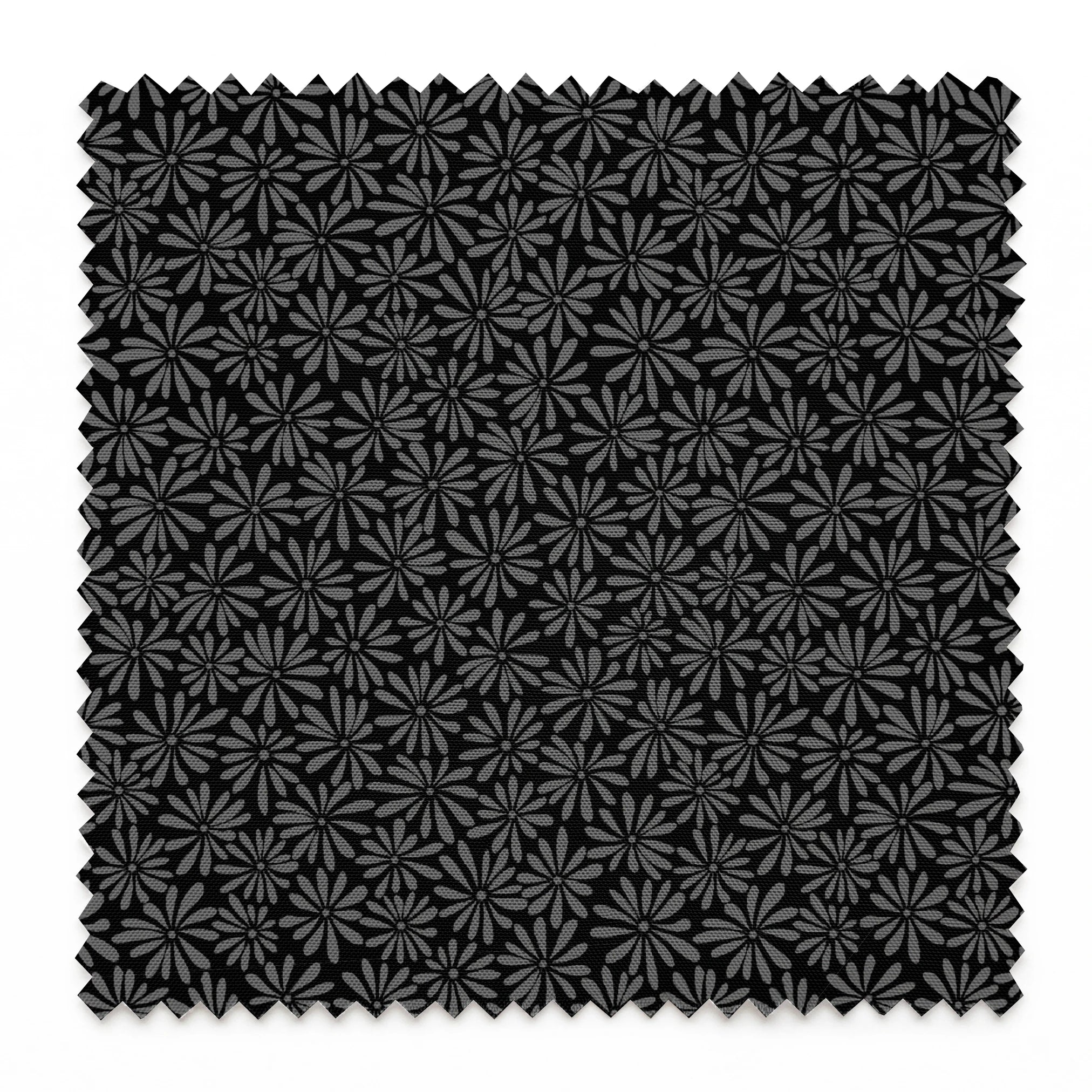Tonal gray daisy ditsy floral fabric on a black background, designed by Nicole Tamarin – ideal for modern quilting and neutral sewing projects. springs swatch pinked