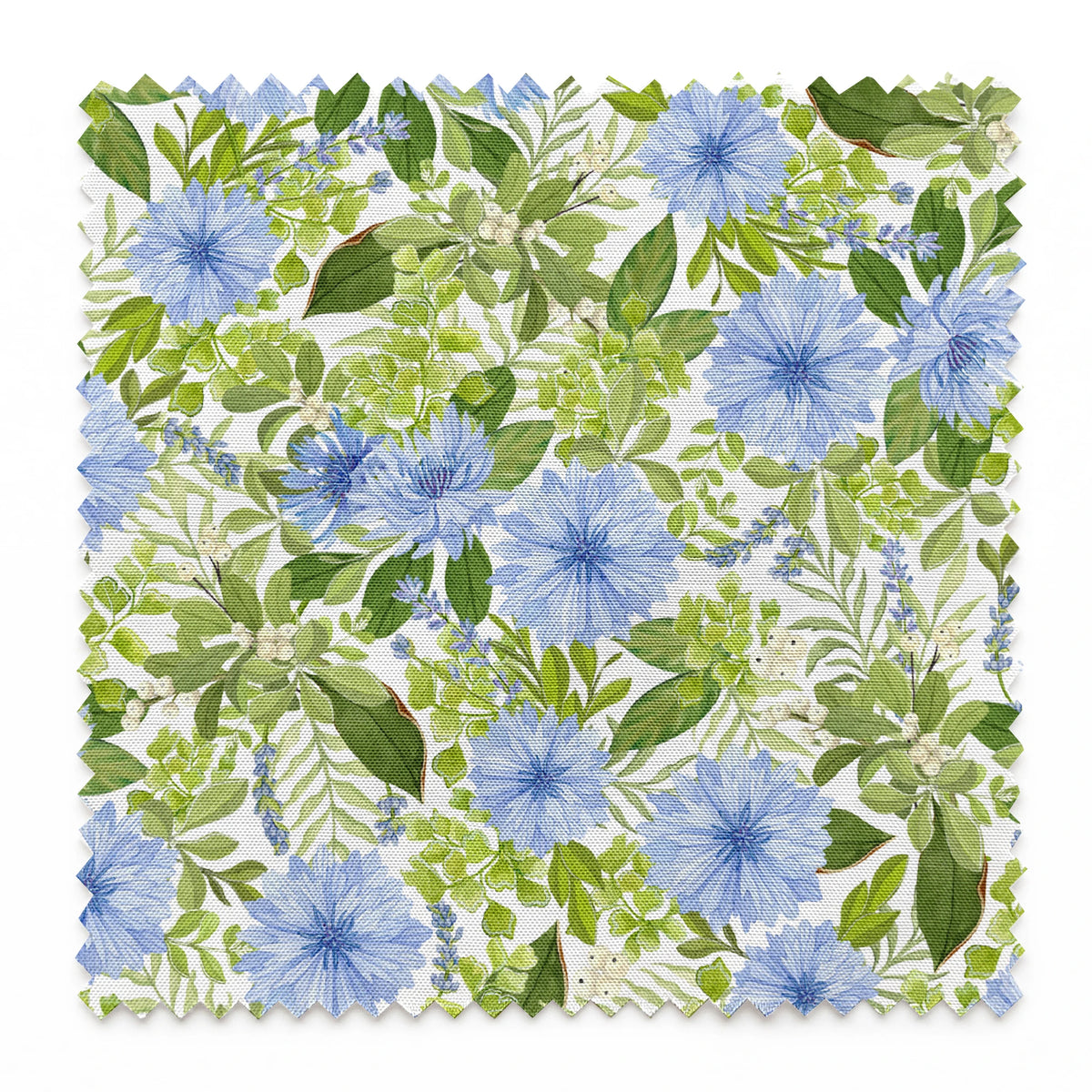 Watercolor-style botanical fabric pattern featuring blue wildflowers and soft green foliage on a white background. Designed by Nicole Tamarin. springs swatch pinked
