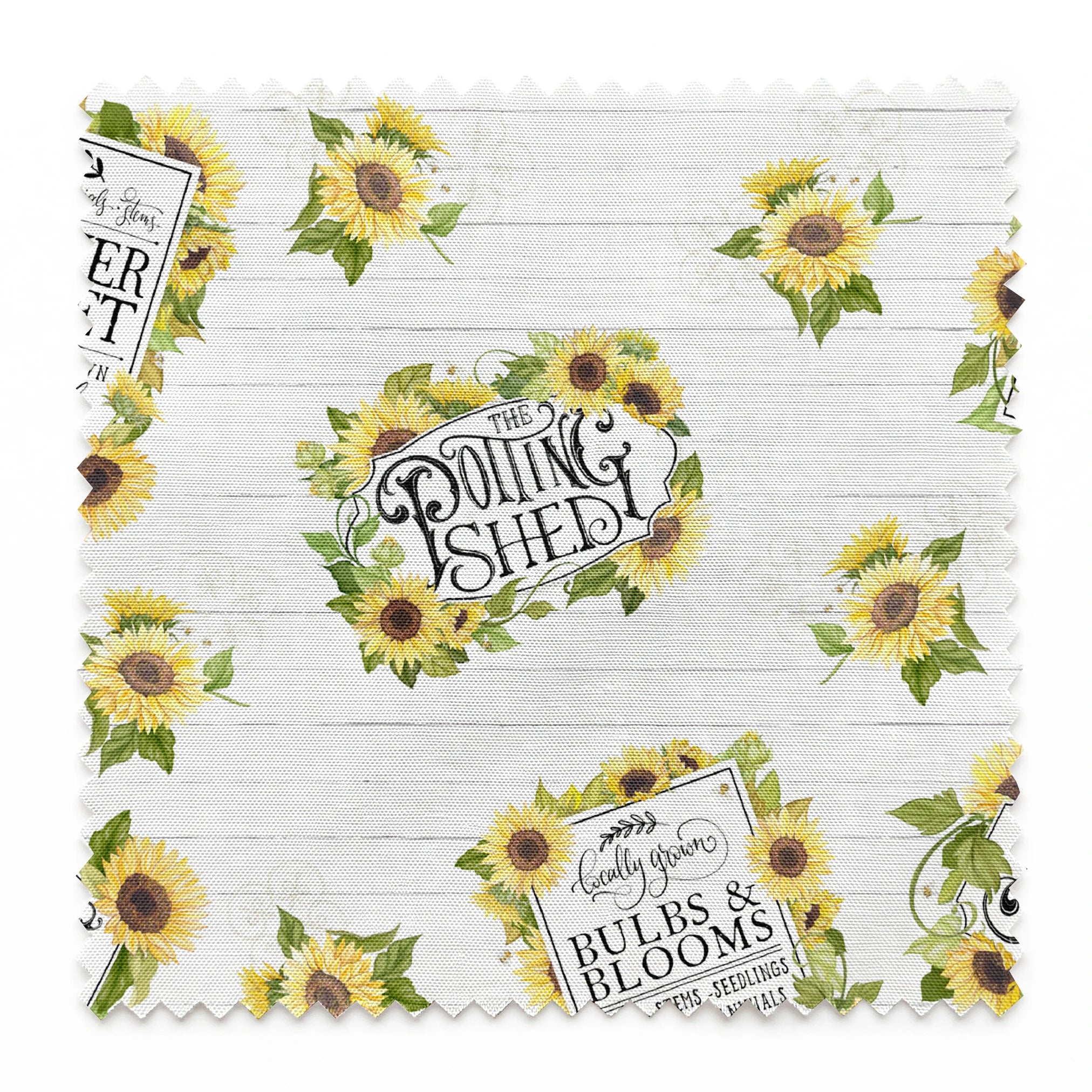 Watercolor sunflower clusters with vintage-style gardening labels on a white shiplap background, designed by Nicole Tamarin. springs swatch pinked