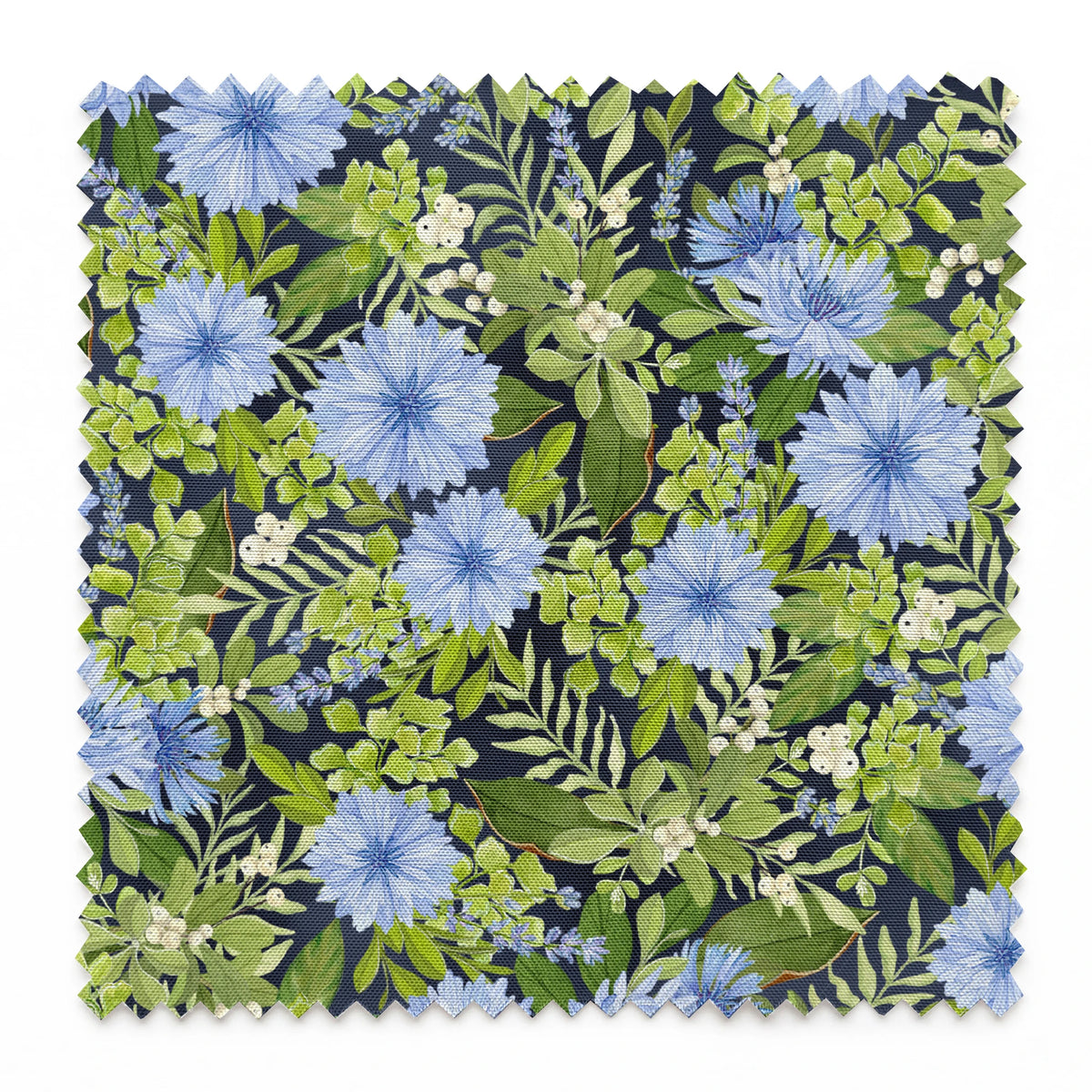 Beautiful floral pattern with light blue cornflowers and vibrant green leaves and foliage springs swatch pinked