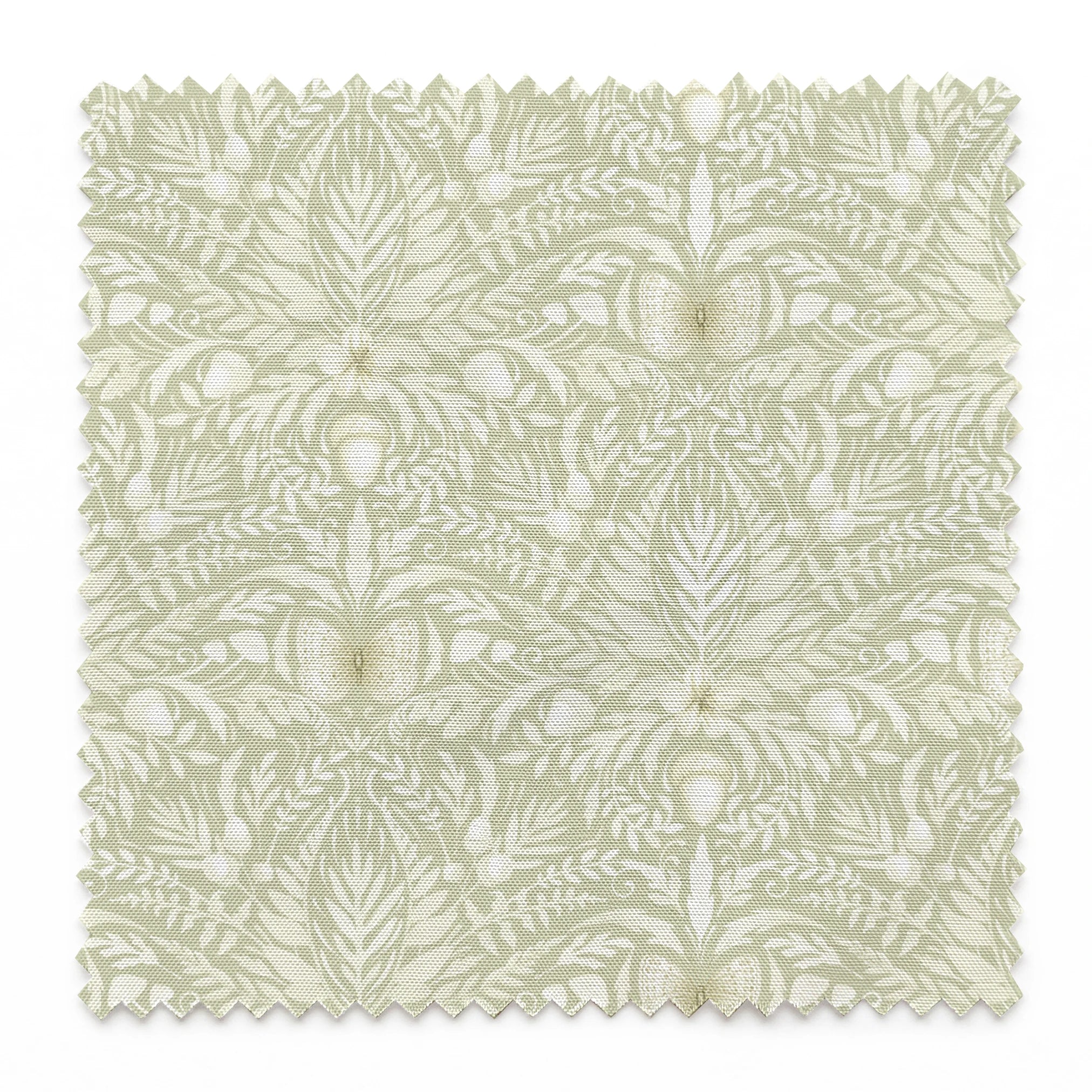 Sage and cream damask-style pattern featuring symmetrical acorns, oak leaves, and botanical motifs in a tonal palette by Nicole Tamarin. springs swatch pinked