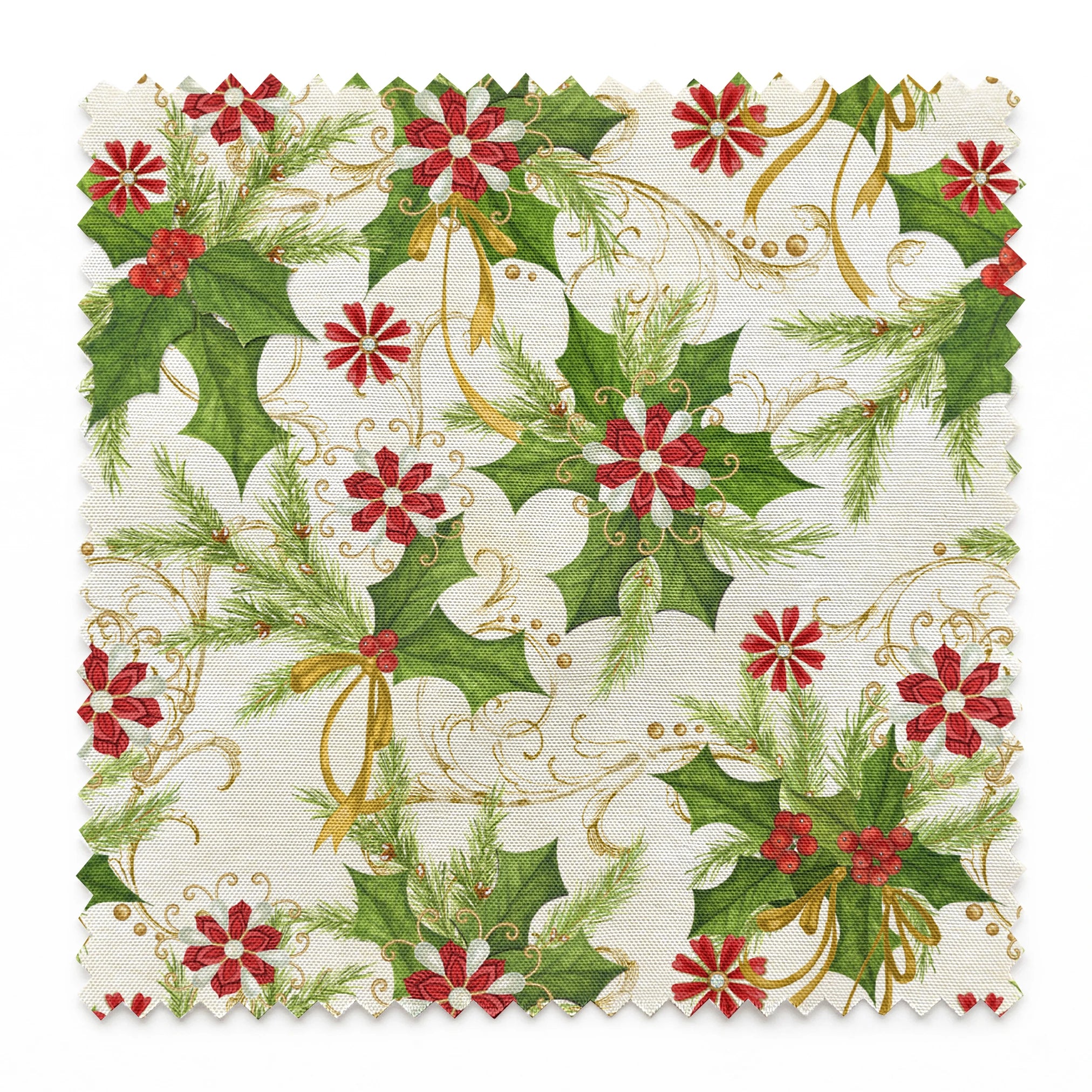 Festive pattern featuring holly leaves, pine branches, red floral medallions, and golden swirls on an ivory background by Nicole Tamarin. springs swatch pinked