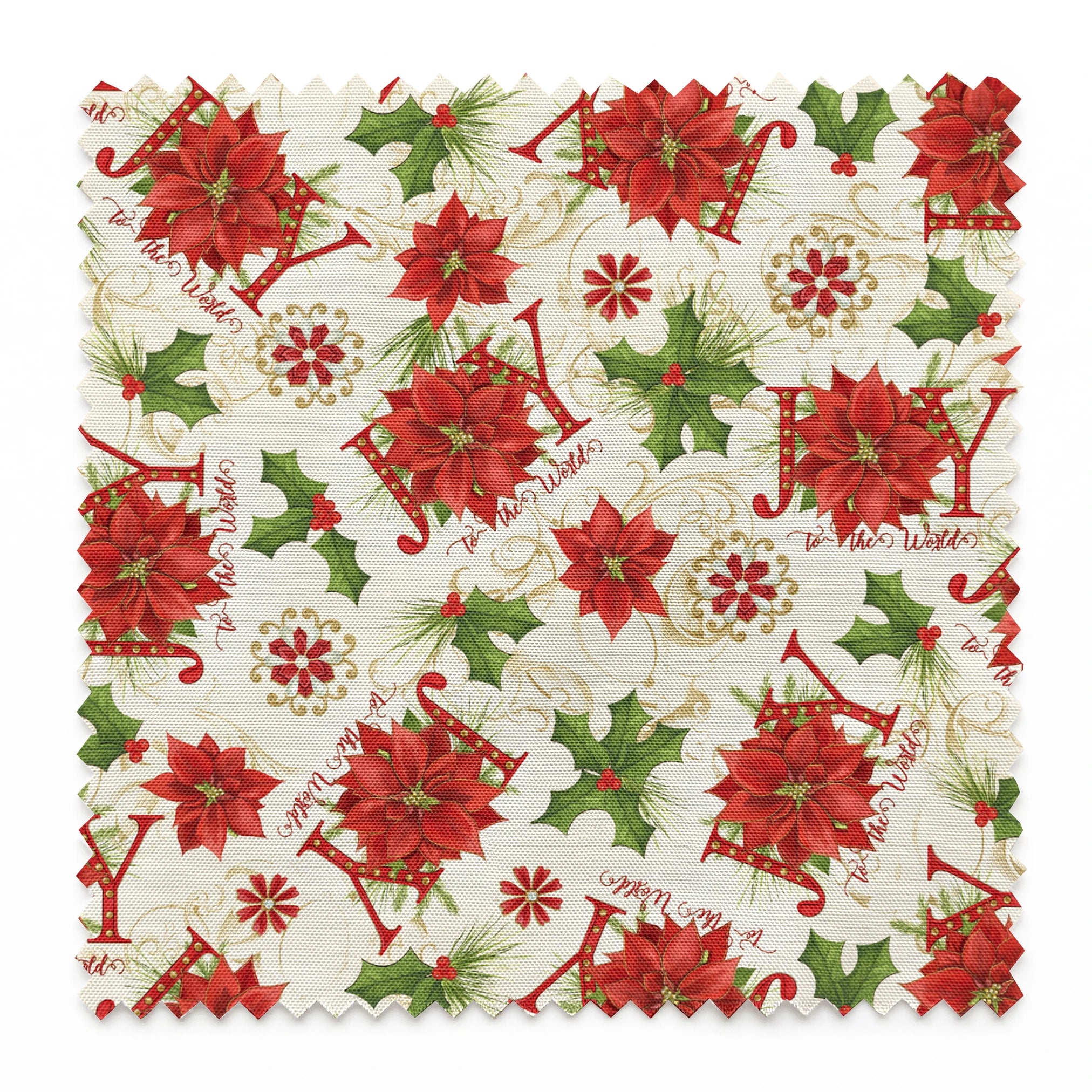 Red poinsettias, holly leaves, pine sprigs, and peppermint candy motifs with scattered “Joy” text in a festive holiday toss design by Nicole Tamarin. springs swatch pinked