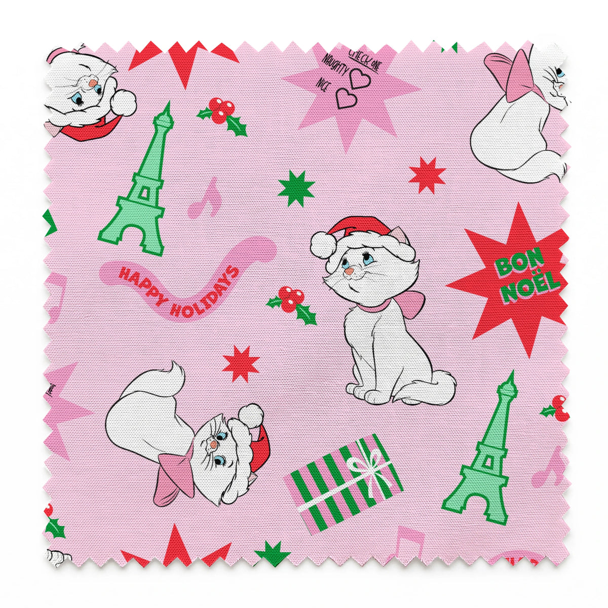 Holiday pattern with Marie from The Aristocats in Santa hats, Eiffel Towers, "Noel" text, and festive stars on pink background springs swatch pinked