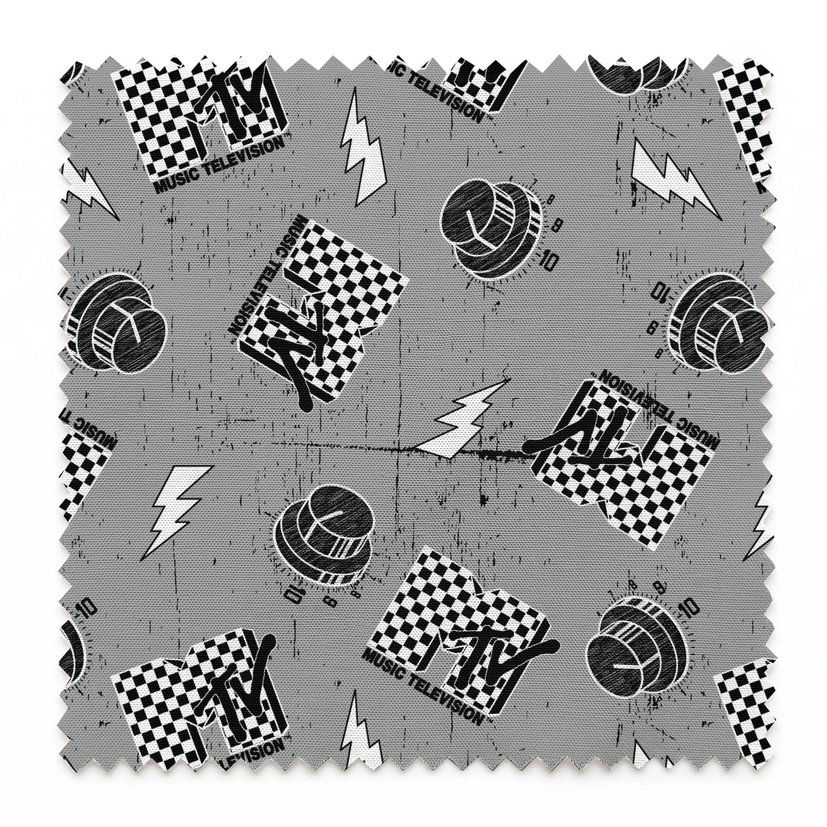 Motorsport pattern with checkered racing flags, lightning bolts, and helmets on gray background springs swatch pinked