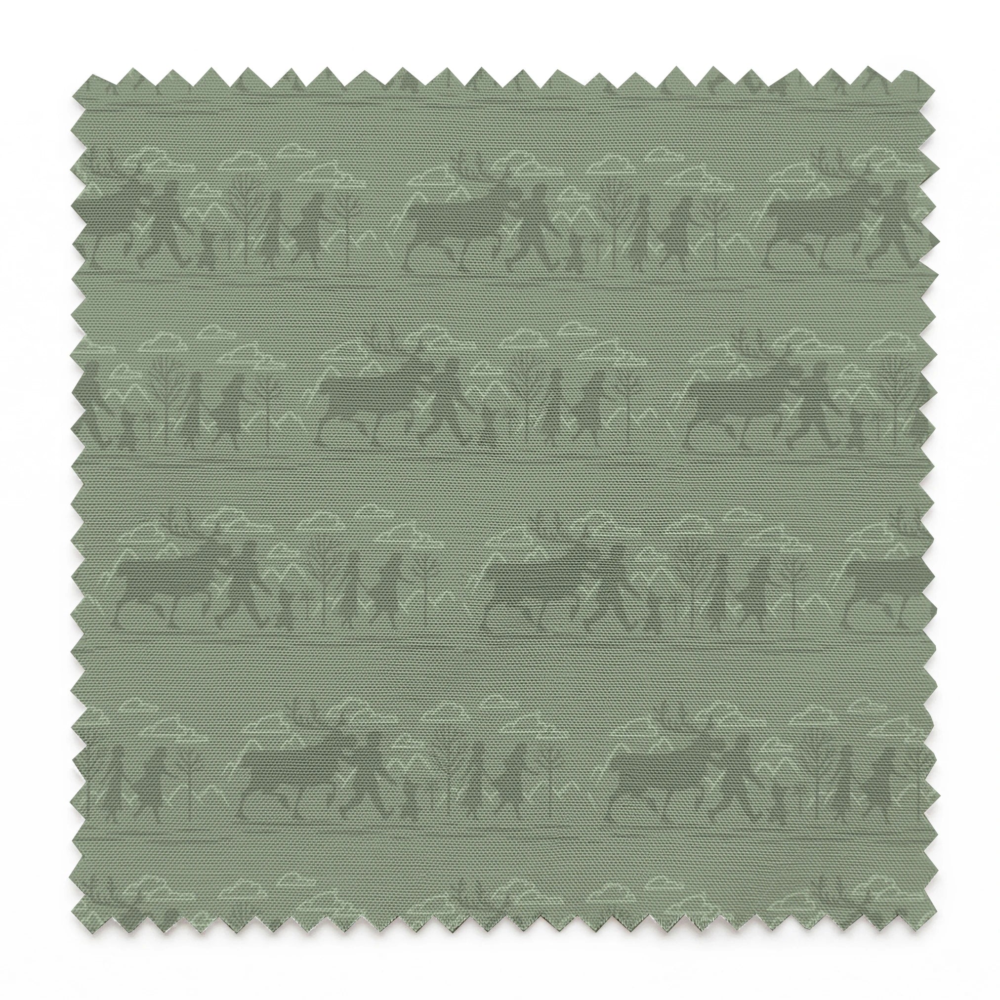 Muted green patterned design with repeating silhouettes of Frozen characters in horizontal bands springs swatch pinked