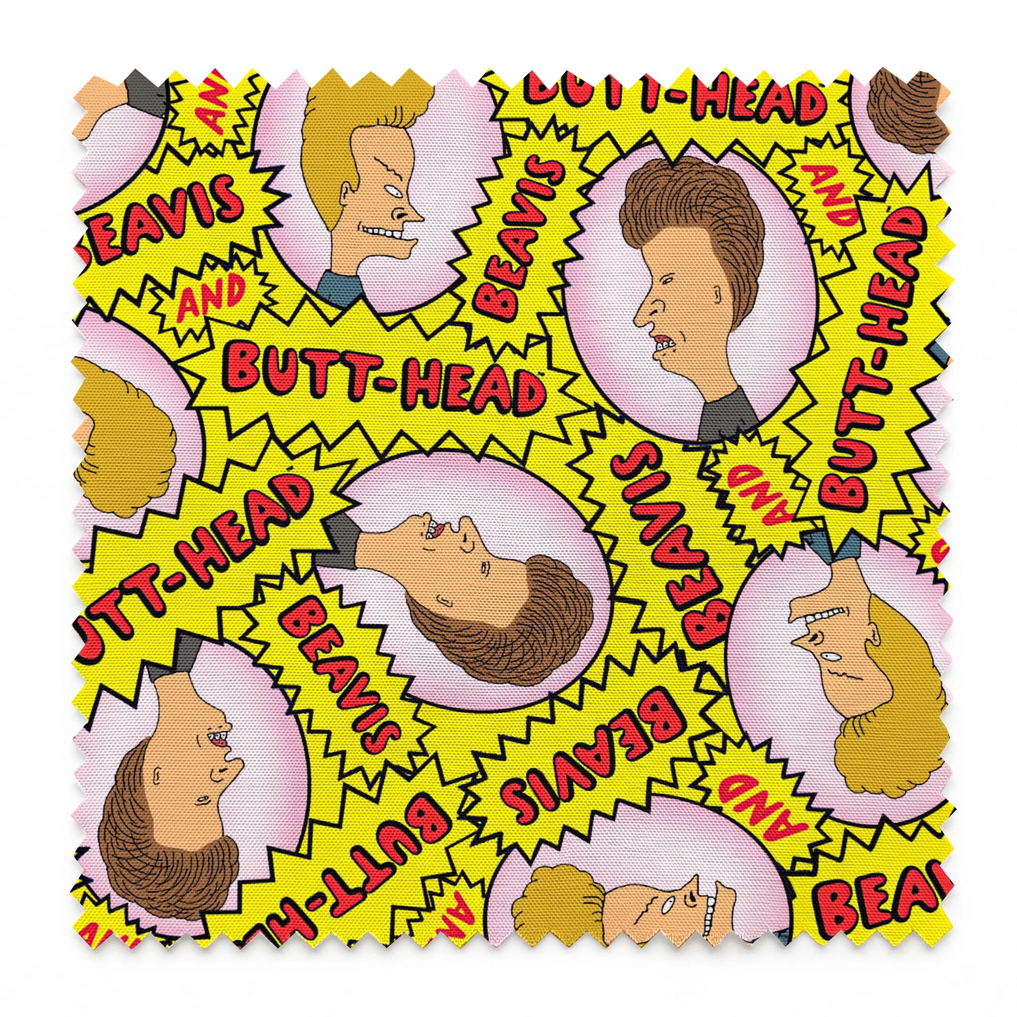 Yellow pattern with cartoon characters and text "BEAVIS" and "BUTT-HEAD" in comic-style speech bubbles repeated throughout springs swatch pinked