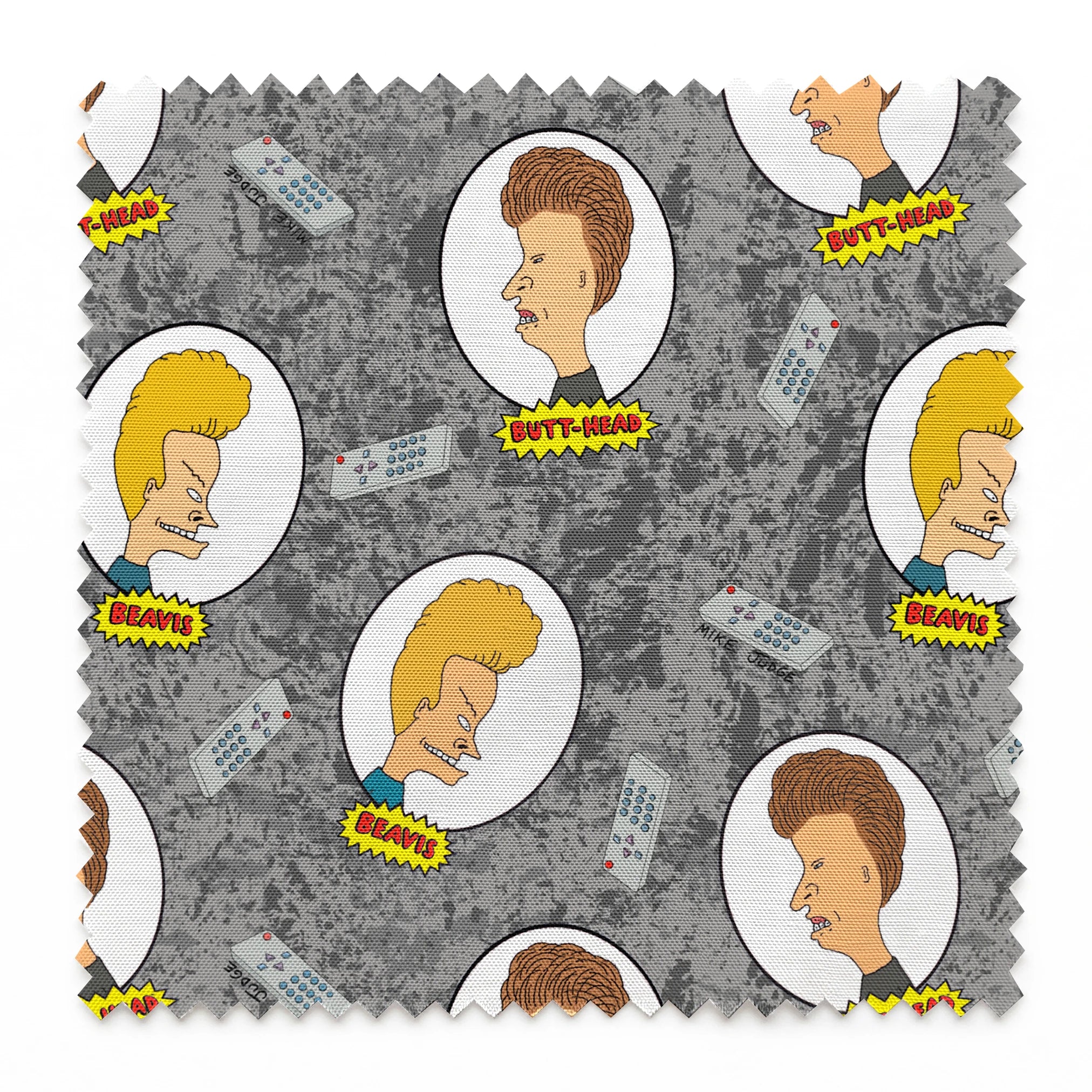 Cartoon pattern with blond and brown-haired animated characters in circular frames against a gray background with comic-style text bubbles. springs swatch pinked