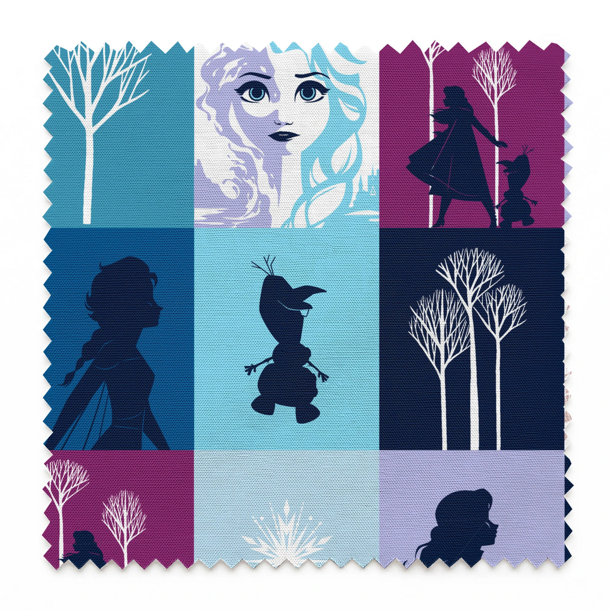 A grid of "Frozen" themed illustrations featuring character portraits, snowflakes, winter trees, and silhouetted scenes in shades of blue and purple. springs swatch pinked