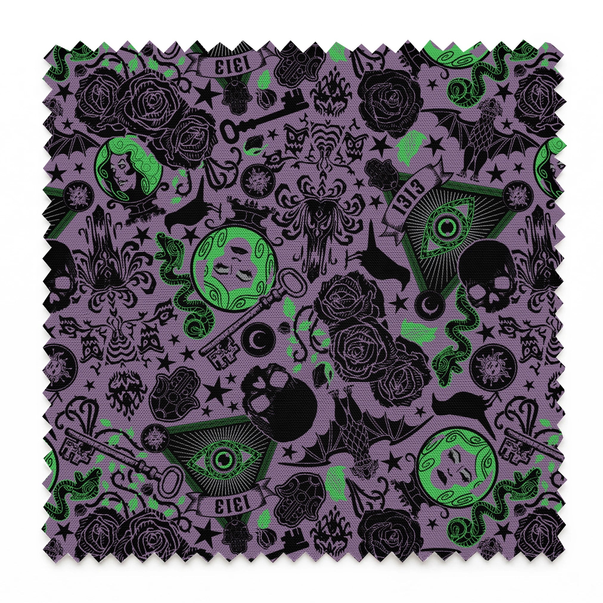 A dark purple background with gothic imagery in black and neon green featuring mystical elements including roses, celestial symbols, eyes, hands, and ornate decorative patterns. springs swatch pinked