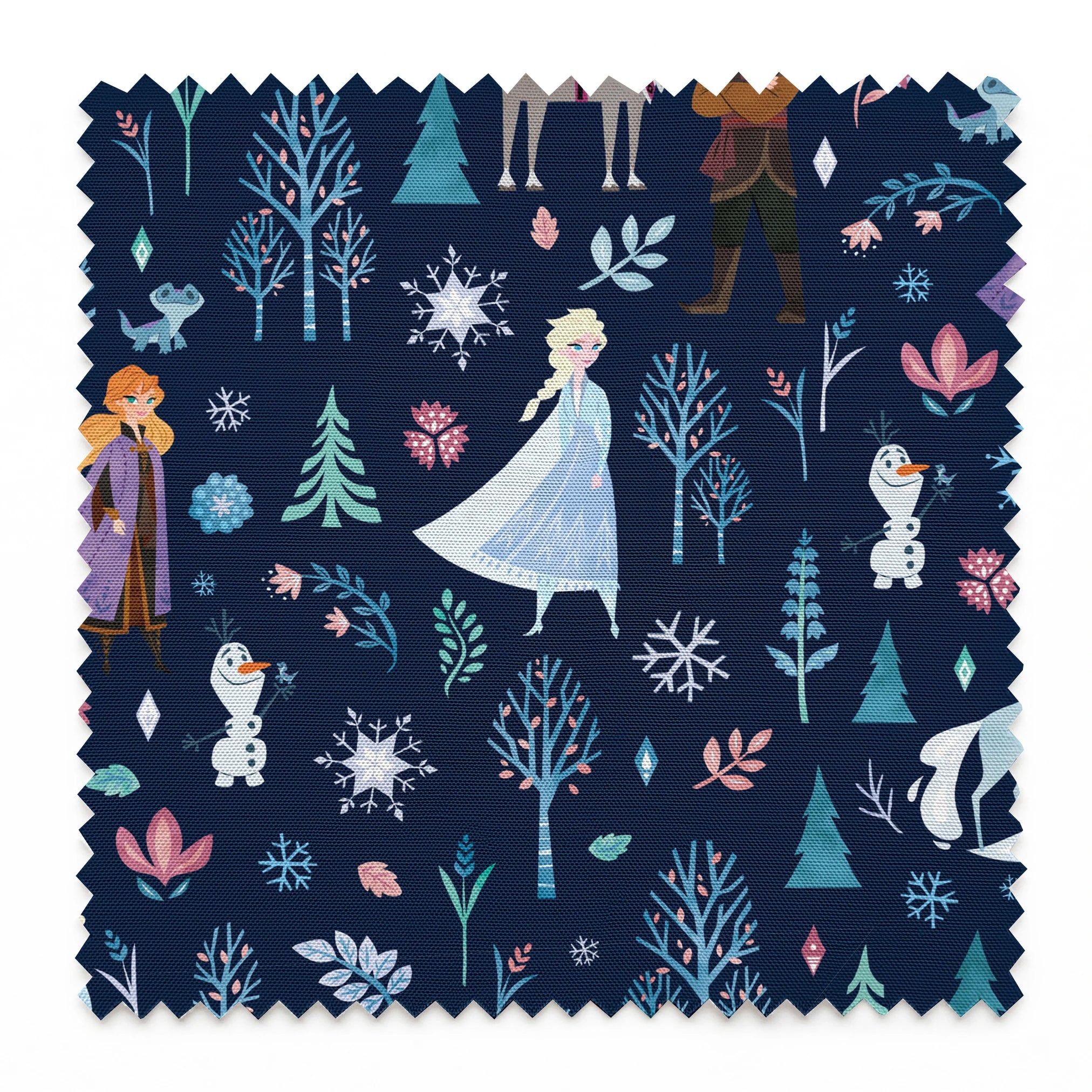 Illustrated Frozen pattern with Elsa, Anna, & friends, and floral elements on dark blue background springs swatch pinked