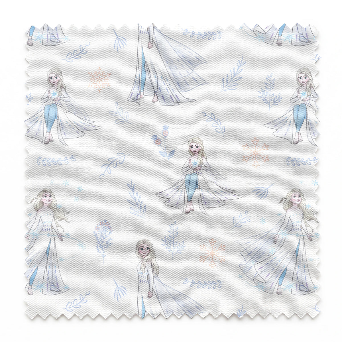 The image shows a decorative pattern featuringFrozen's Elsa, surrounded by delicate snowflakes, leaves, and floral elements in soft pastel colors on a light background. springs swatch pinked