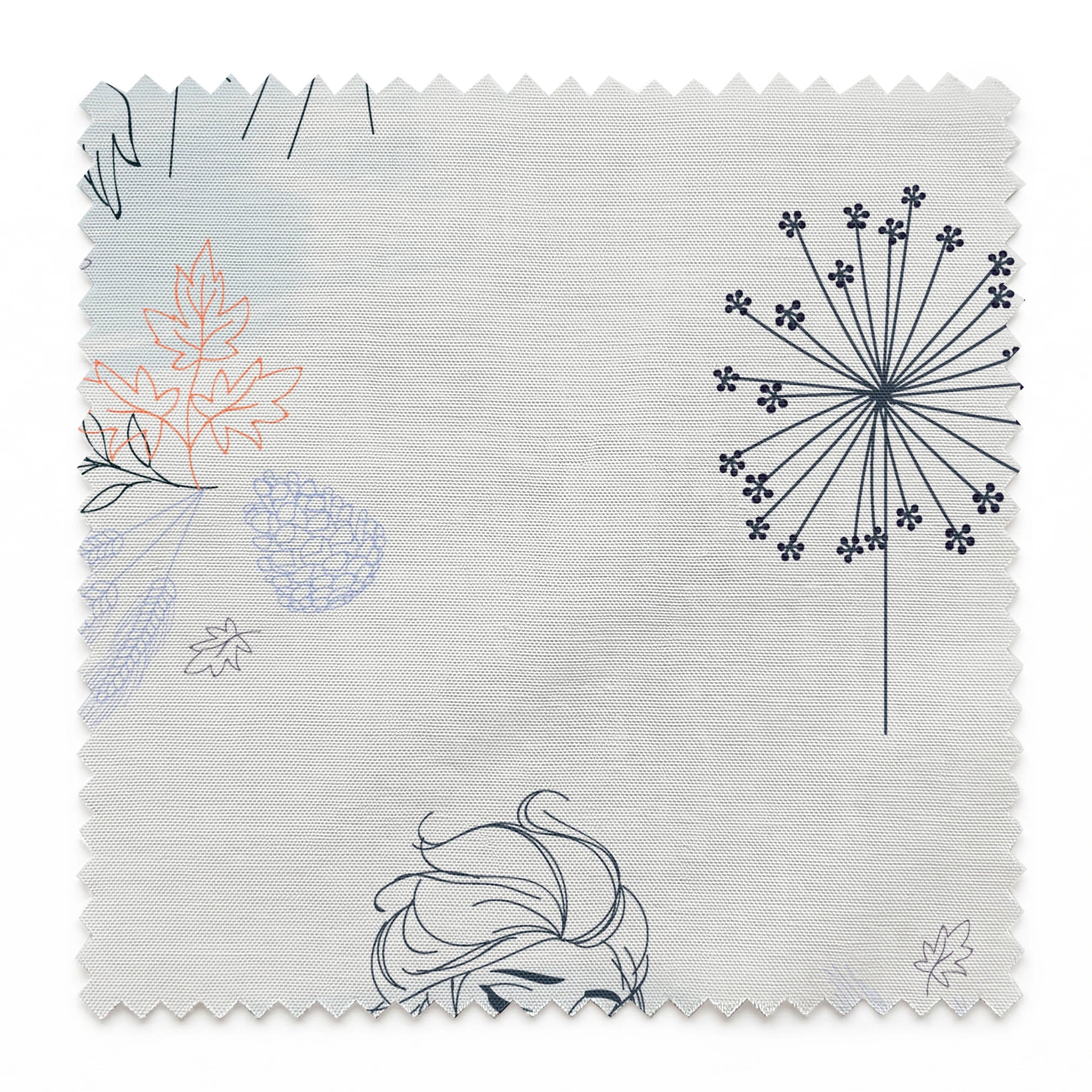 Delicate blue pattern featuring Frozen's Elsa and Anna surrounded by floral elements and dandelions on a light background springs swatch pinked