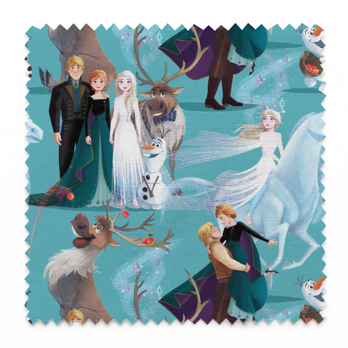Characters from Frozen movie including Elsa, Olaf, Sven and others on turquoise background springs swatch pinked