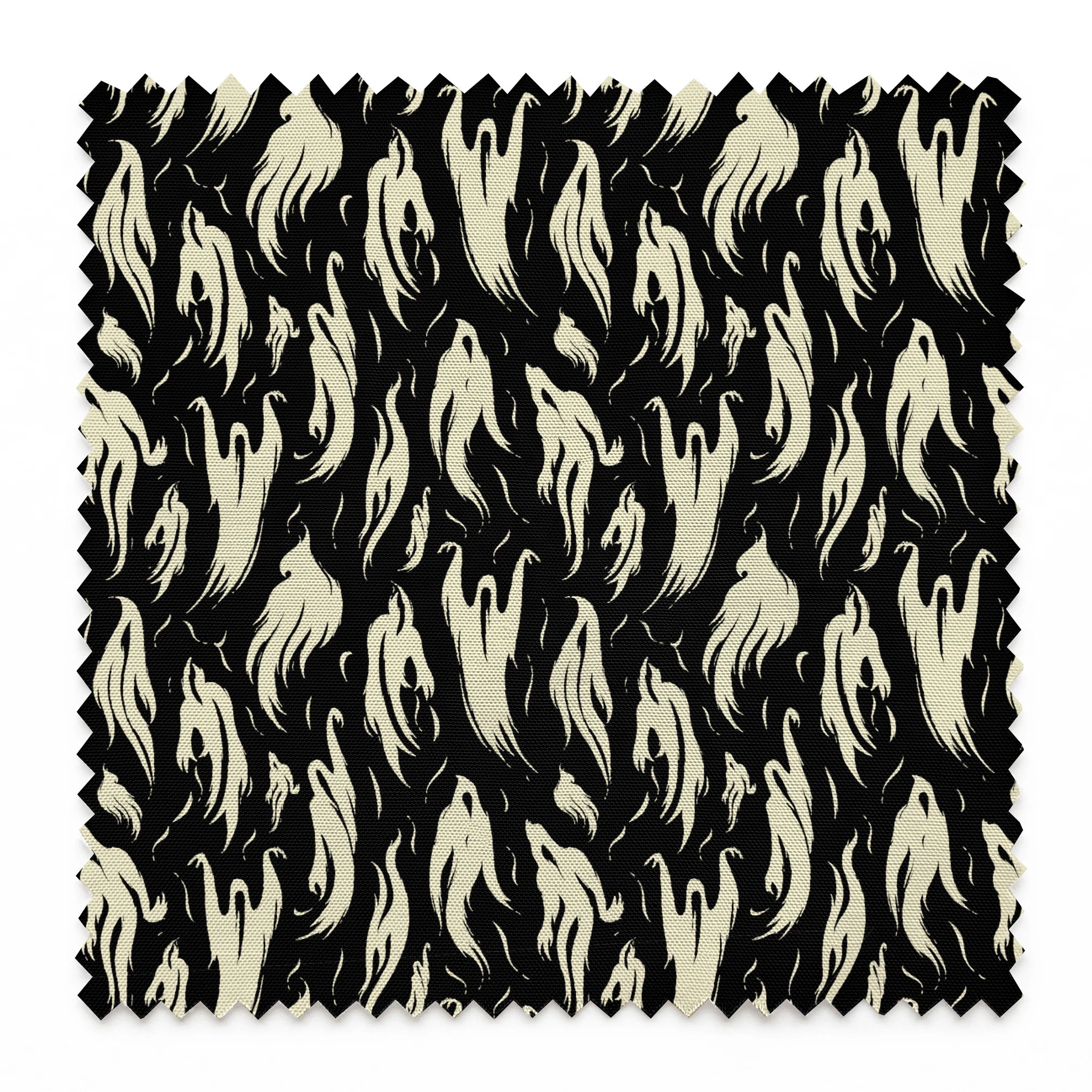 Abstract ghost-like shapes in pale cream swirling against a black background in a repeating pattern springs swatch pinked
