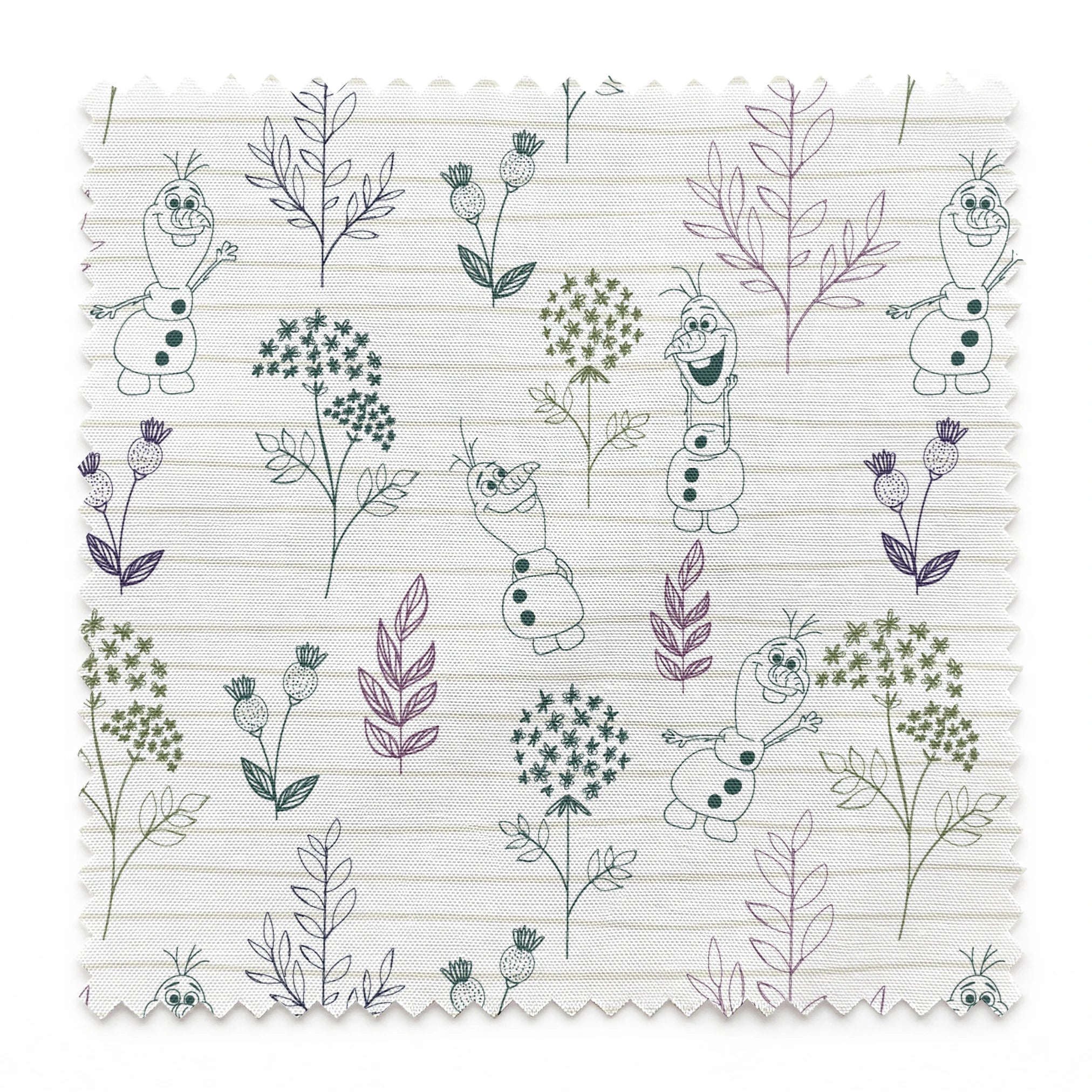 Pattern of sketched botanical elements, flowers, and Olaf on a lined background in soft greens and purples springs swatch pinked