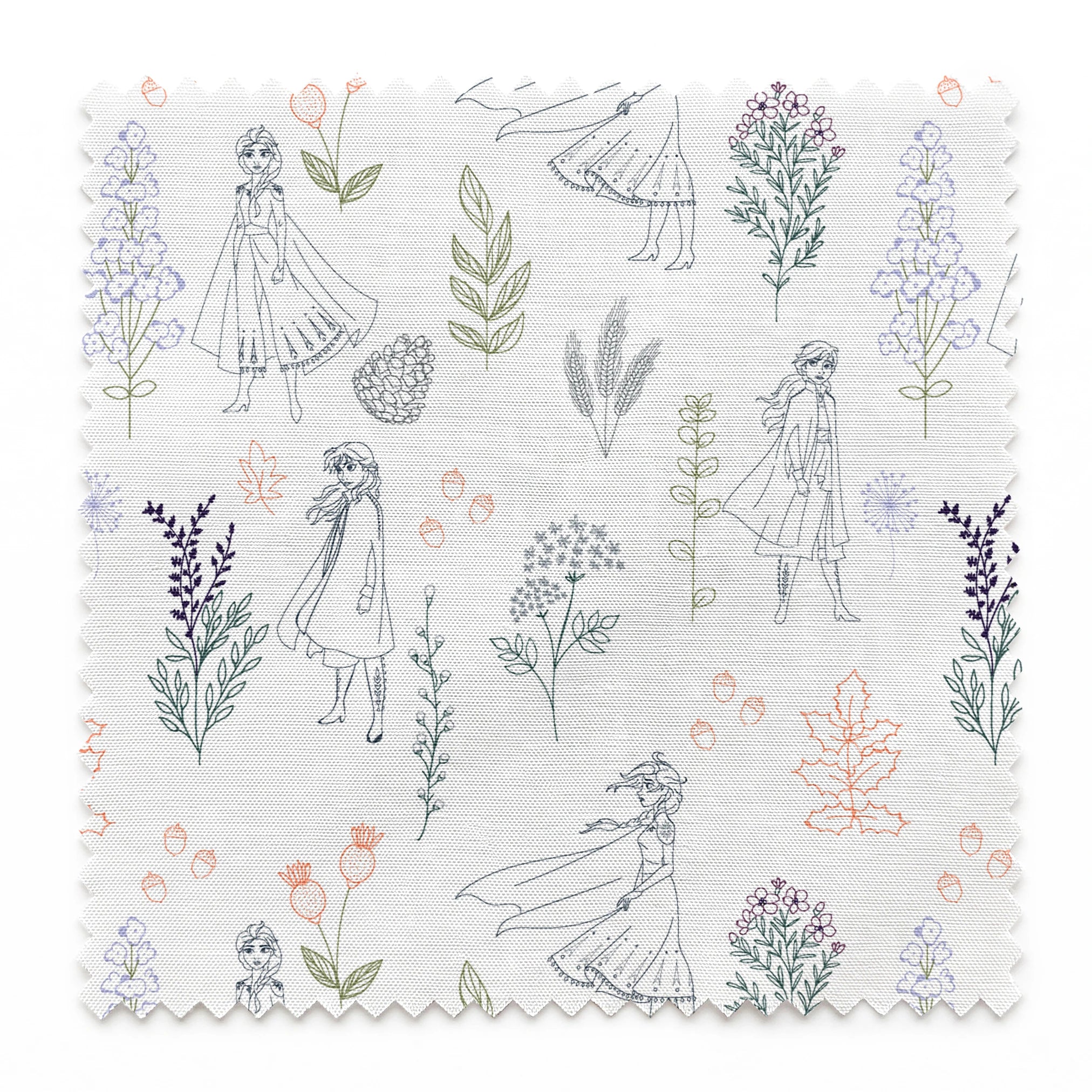 Delicate line drawing pattern of Elsa and Anna among botanical illustrations and flowers in soft colors springs swatch pinked